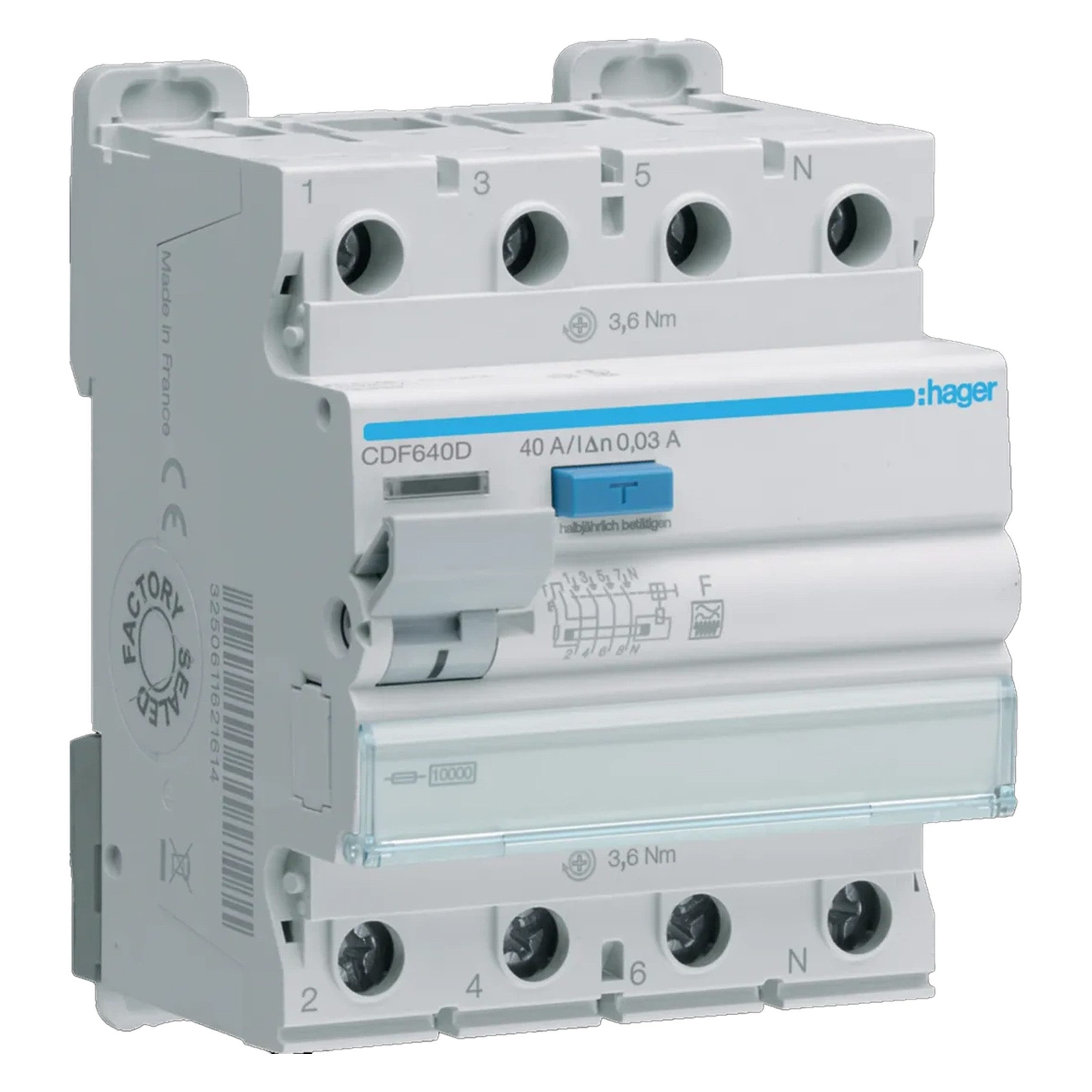 Hager Schalter Hager CDF640D RCCB Fehlerstromschutzschalter 3P+N 40A 30mA 10kA Typ F (1-St)