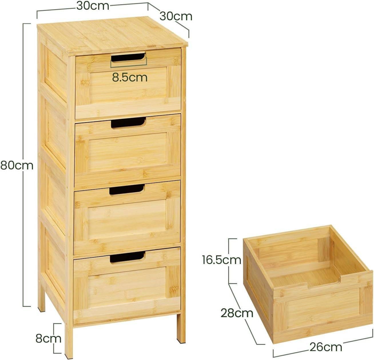 EUGAD Badkommode (1 St), Badschrank Bambus, mit 4 Schubladen, 30x80x30 cm