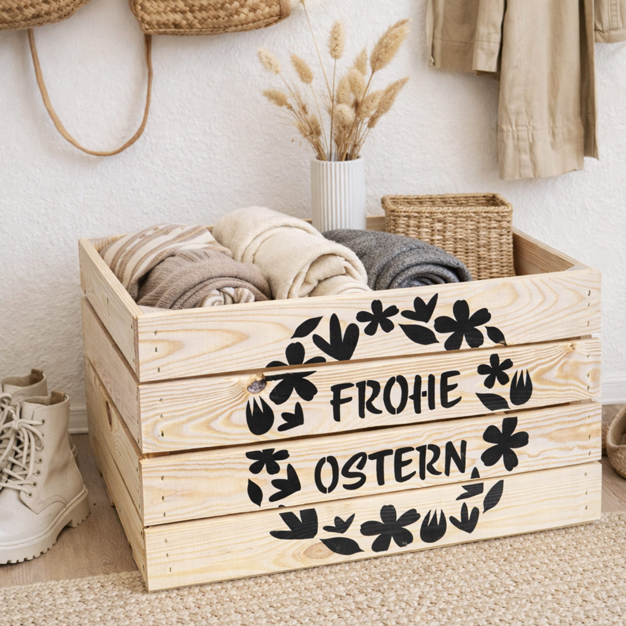 Kistenkolli Altes Land Allzweckkiste Holzkiste Ostermotiv Frohe Ostern 50x40x30 cm Natur Neu