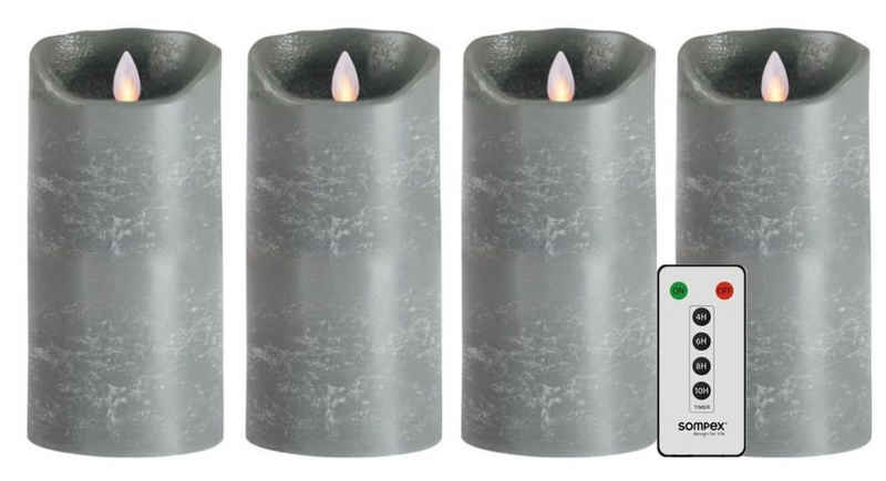 SOMPEX LED-Kerze 4er Set Flame LED Kerzen grau 18cm (Set, 5-tlg., 4 Kerzen, Höhe 18cm, Durchmesser 8cm, 1 Fernbedienung), mit Timer, Echtwachs, täuschend echtes Kerzenlicht