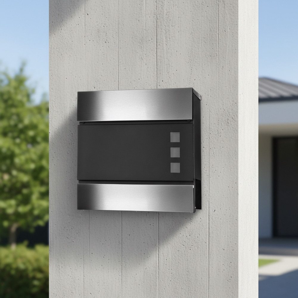 Feel2Home Briefkasten Briefkasten Postkasten Wandbriefkasten Zeitungsfach Edelstahl/schwarz (Stück, 1-St., 1 x Designer Briefkasten mit 2 Schlüsseln + Befestigungsmaterial), Verschließbar, Wetterfest, Zeitungsfach, Zeitungsrollen