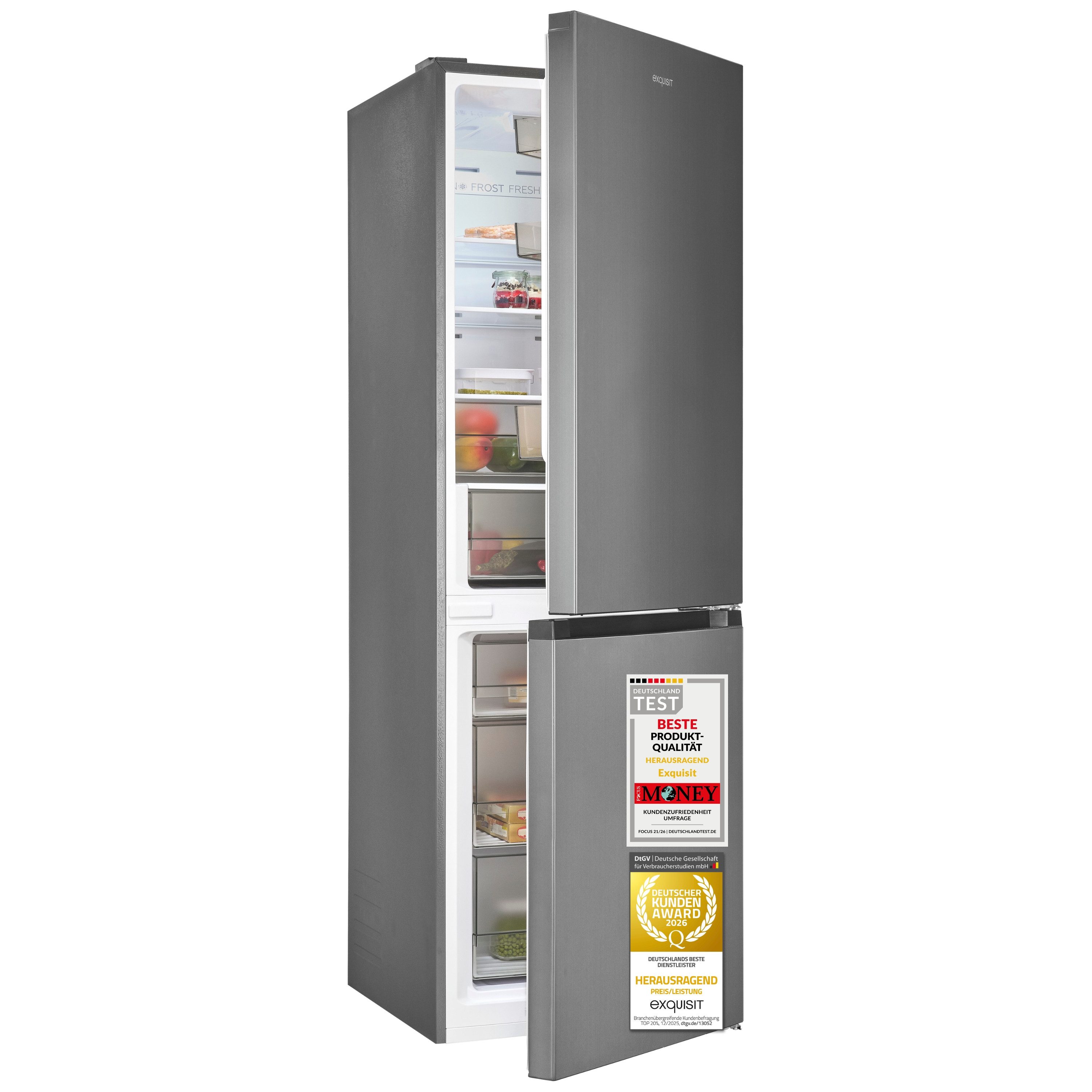 exquisit Kühl-/Gefrierkombination KGC5340-115-NF-040C, 186 cm hoch, 59,5 cm breit, 337 l Nutzinhalt gesamt, 4 Sternefach, Energieklasse C, 39 dB