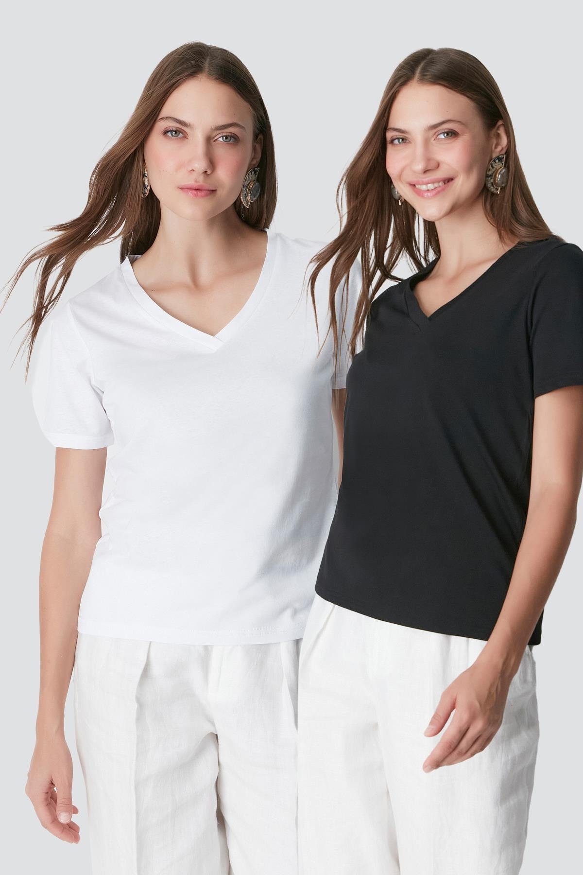 Schlafanzug V-Ausschnitt Kurzarm 2er-Pack Basic T-Shirt