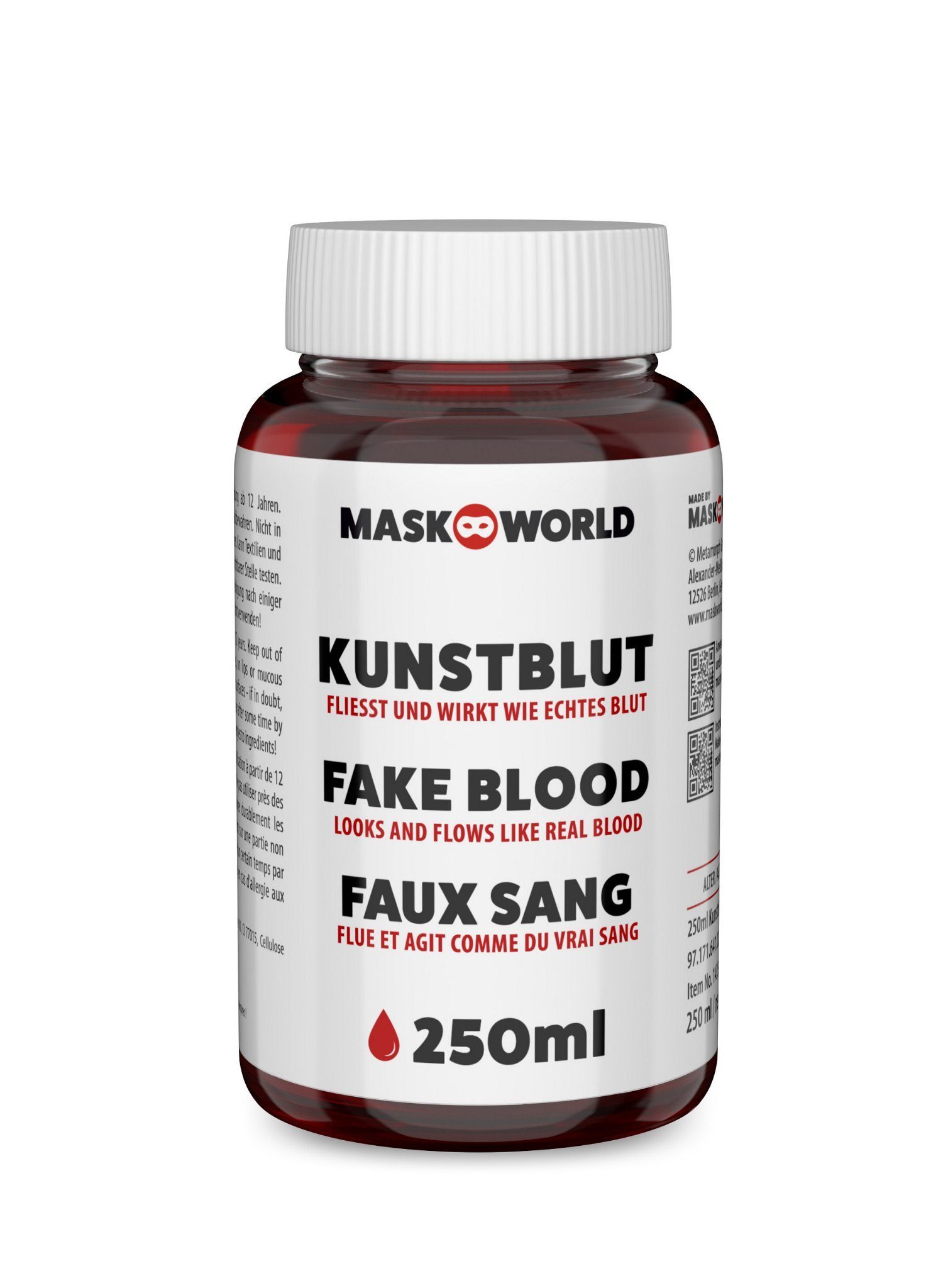 Metamorph Theaterschminke Kunstblut Flasche 250 ml – Filmblut, Fließt und wirkt wie echtes Blut – ideal für großflächigere Anwe
