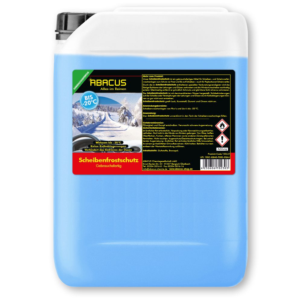 ABACUS Scheibenfrostschutz Scheibenfrostschutz -20 C Frostschutzmittel gebrauchsfertig, 25 l, Sicher für alle Materialien, Lacke & Dichtungen, Schützt vor Verkalkung, Reinigt ohne zu schmieren