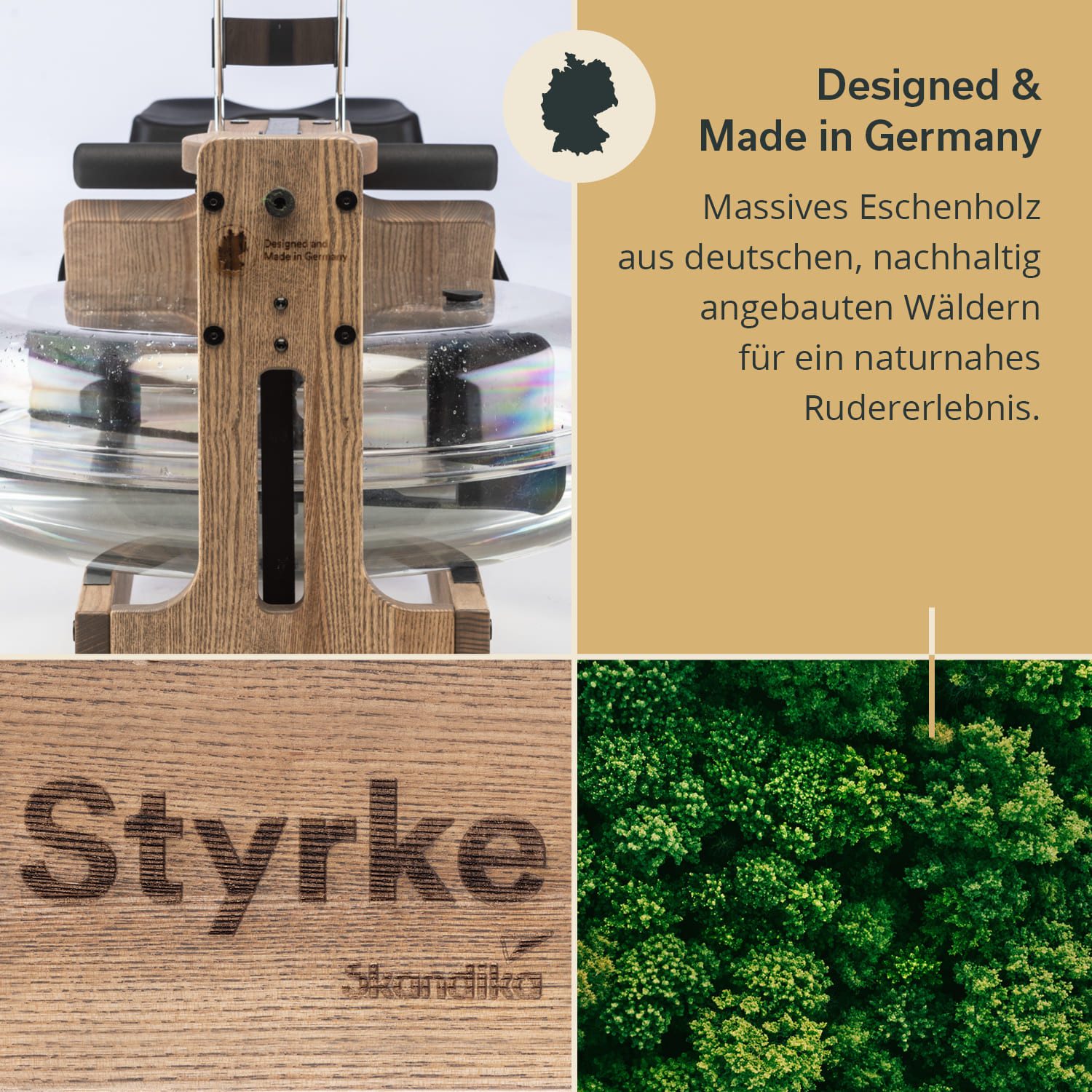 Skandika Rudergerät Styrke Wasser-Rudermaschine karamellbraun/schwarz, bis 180 kg, Holz, Mit Kinomap App, Made in Germany, aus deutscher Esche, für Zuhause