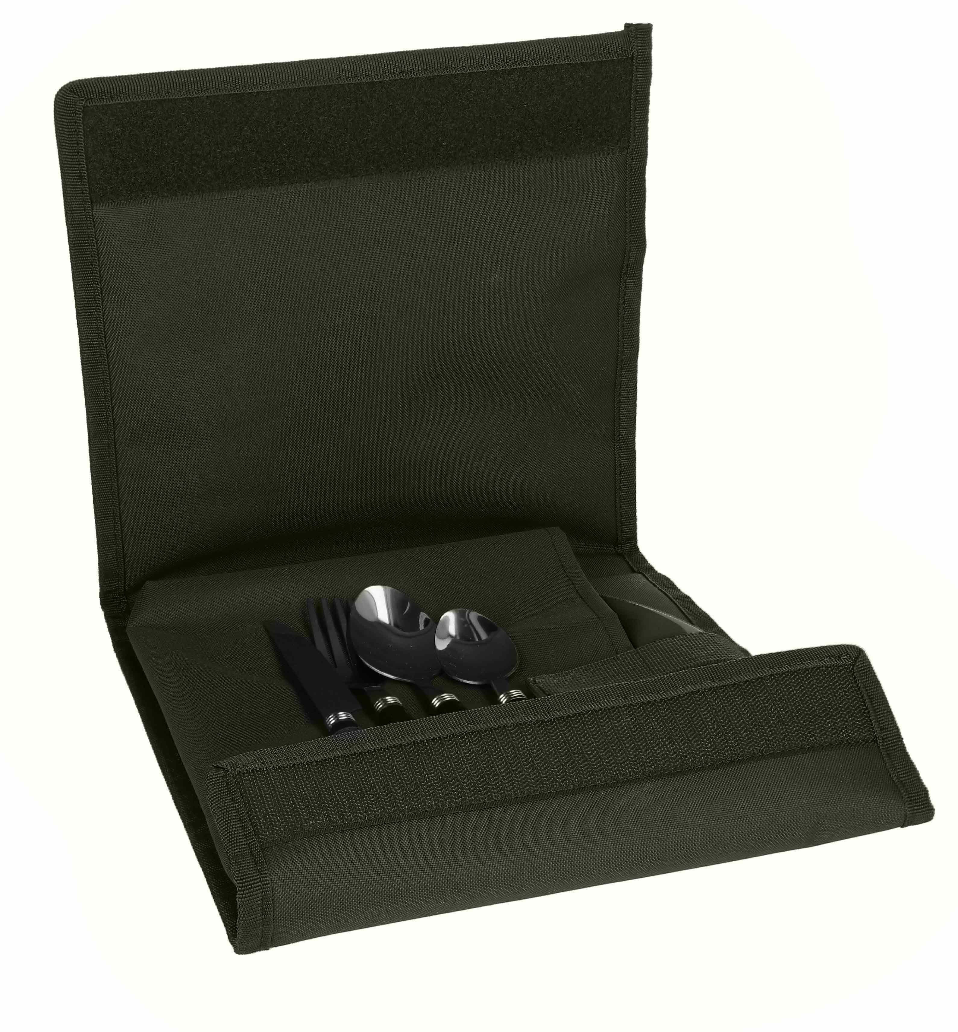 MIKADO Total Fishing Single Geschirr-Set Geschirrset Single - Enclave Dinner Set - mit Tasche - Edelstahl (6-tlg), 1 Personen, Teller, Messer, Gabel, Teelöffel, Eßlöffel, Tasche