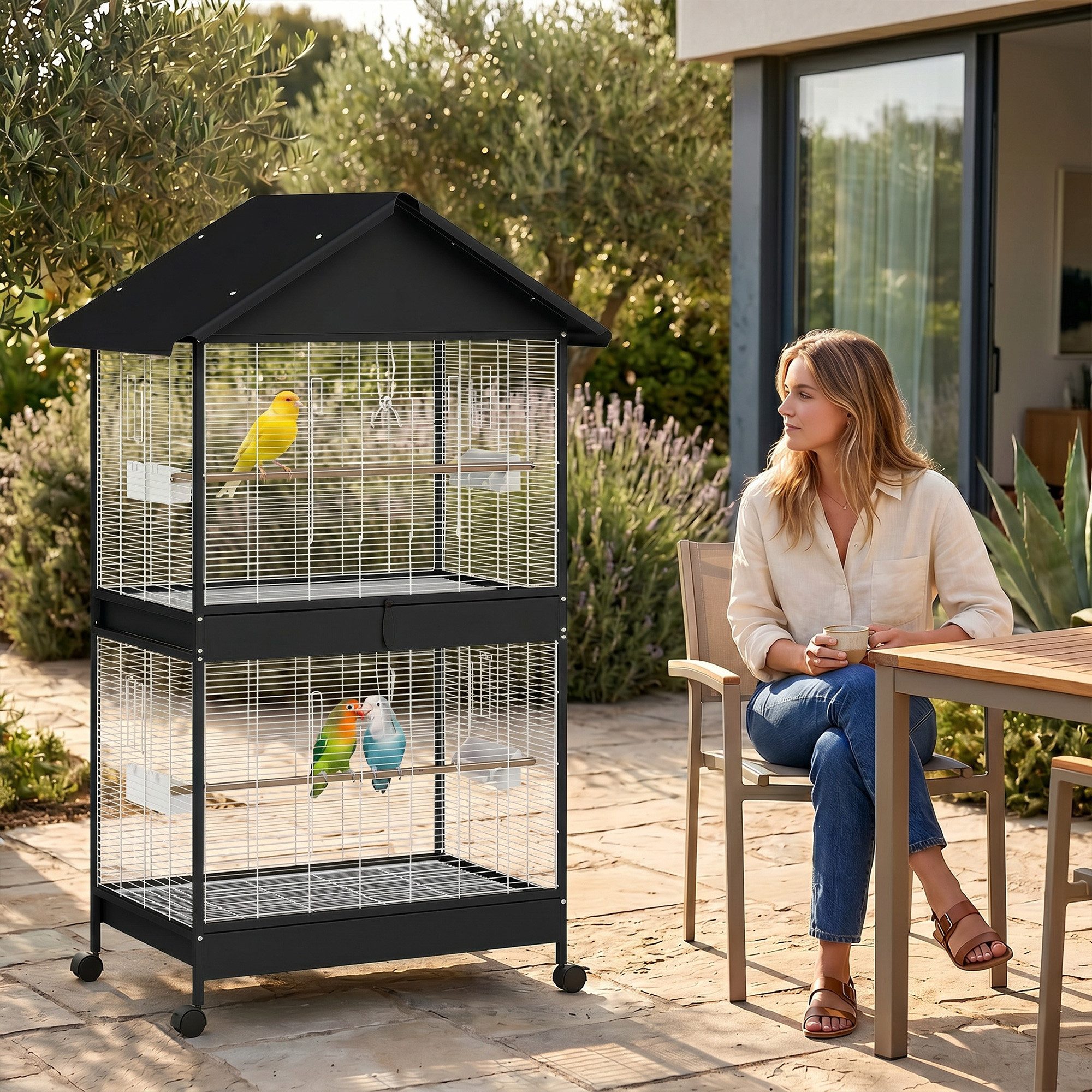 PawHut Vogelkäfig XXL Vogelvoliere mit Abnehmbar Trennwand 2 Türen 2 Holzstangen Rollen, für Wellensittiche Nymphensittiche Kanarien 94 x 70 x 158cm