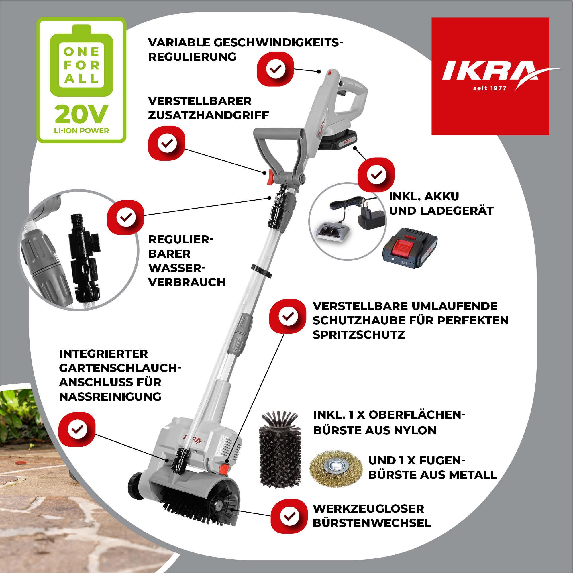 ikra GmbH Akku-Oberflächenbürste Vario Brush IATR 20, 1-tlg., inkl. Nylon-Bürste (Stein-, Beton, Holzdielen) & Stahl-Bürste (Fugen), Akku-Oberflächen- und Fugenreiniger