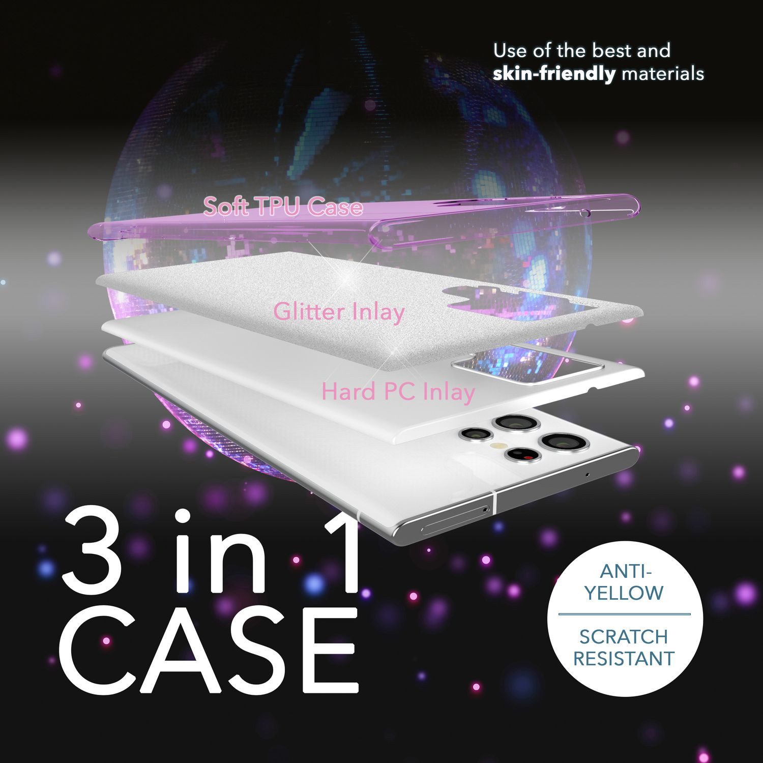 Nalia Smartphone-Hülle Samsung Galaxy S23 Ultra 17,3 cm (6,8 Zoll), Glitzer Silikon Hülle / 2x Displayschutz / Innen Verstärkt / Stoßfest