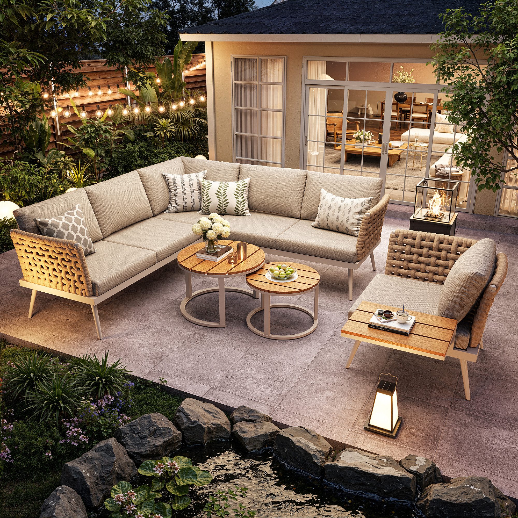 Flieks Gartenlounge-Set, 6-Sitzer L-Form Gartensofa Eckgarnitur mit 2 stapelbaren Couchtische