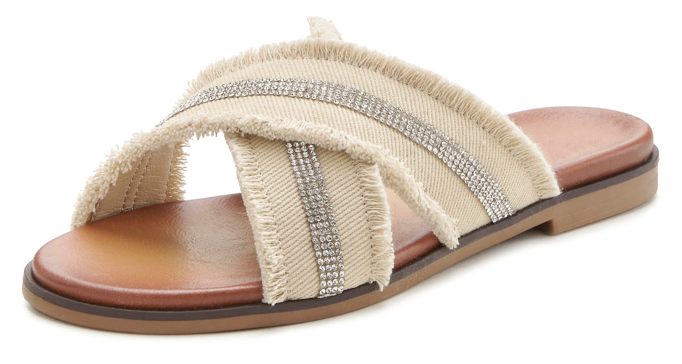 Vivance by Lascana Mule, Sandale, Sommerschuh, offener Schuh, Pantolette mit dezenten Strasssteinchen und kleinen Fransen