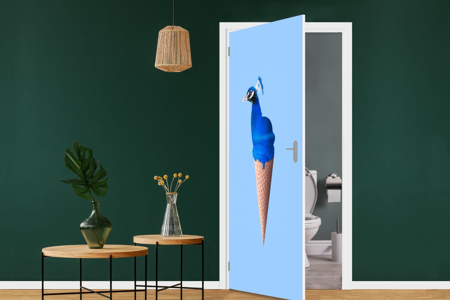 Tür, - Eistüte 75x205 Pfau bedruckt, - Matt, für St), Fototapete Vogel, Eiscreme (1 - Blau Türaufkleber, MuchoWow - Türtapete cm