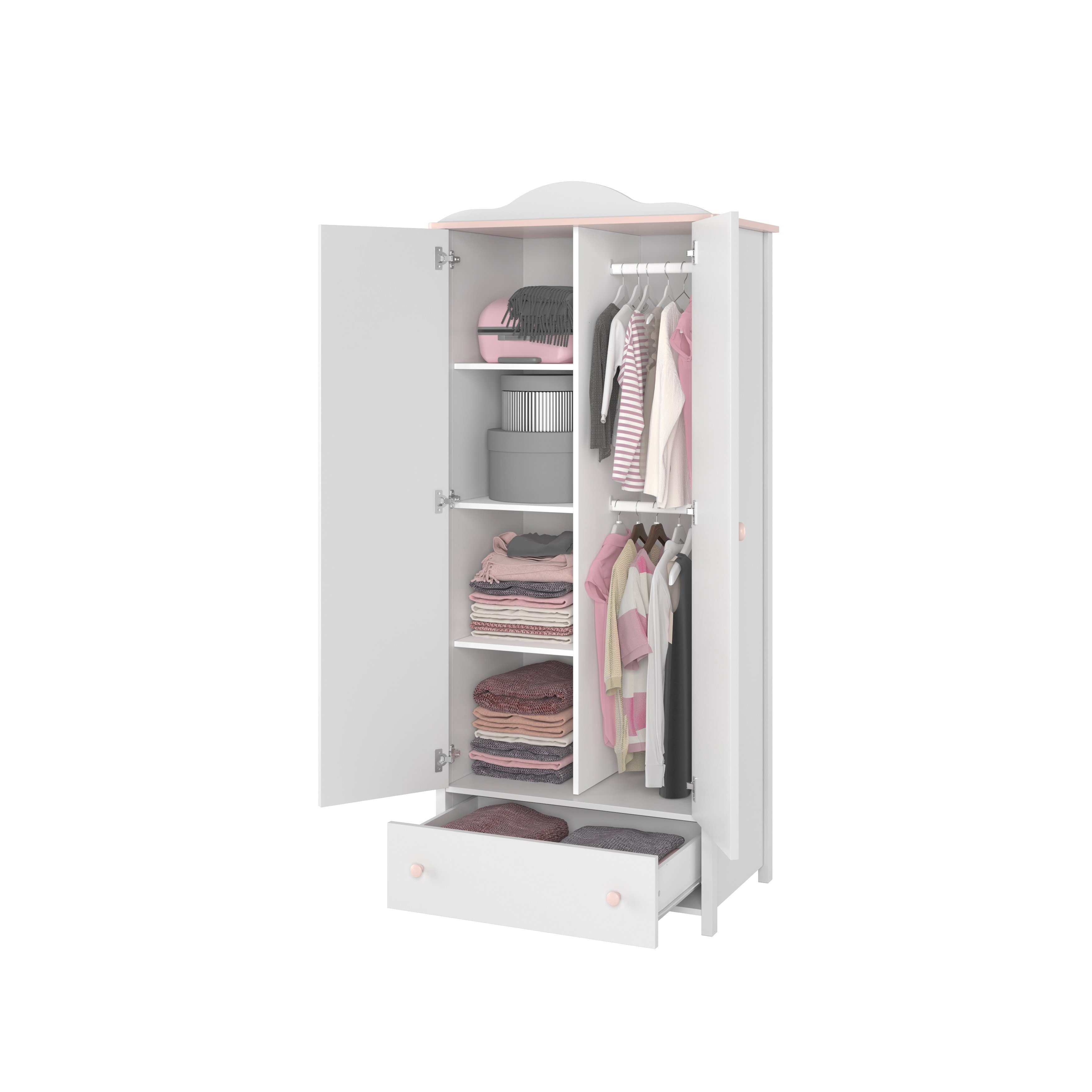 Compleo Kleiderschrank für Mädchen LARA weiß+rosa Regale Schublade, mit und