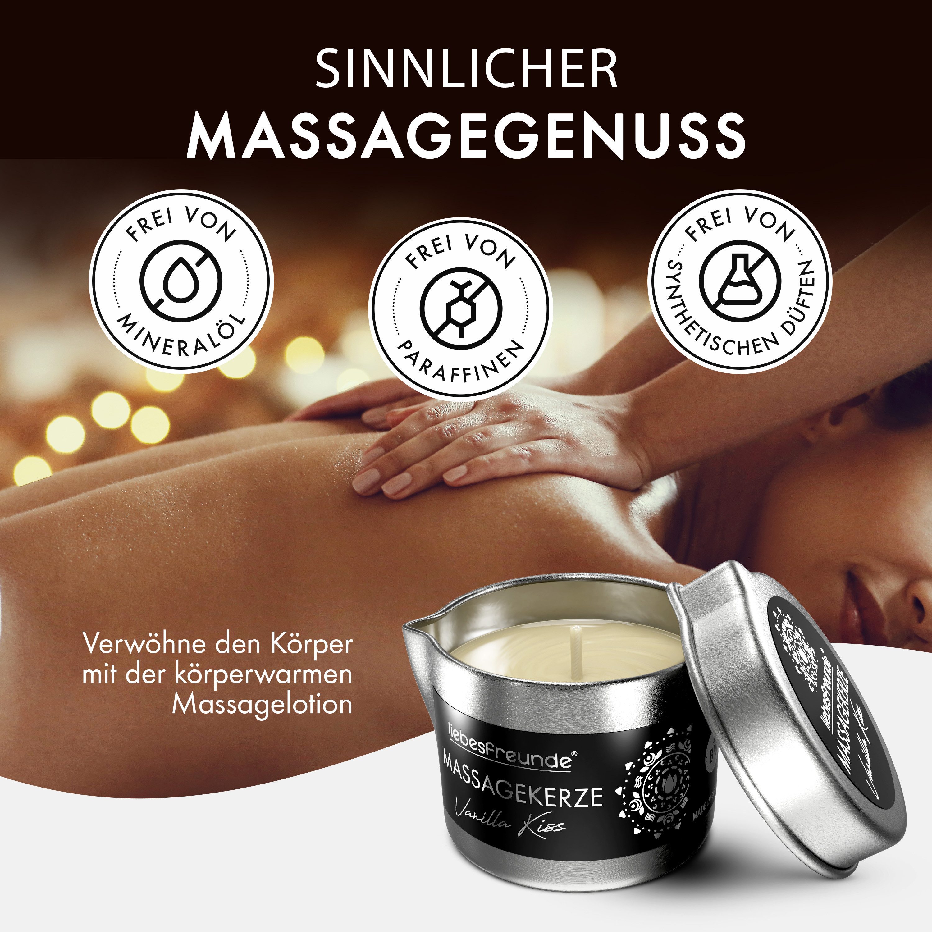 Liebesfreunde Massagekerze Bio Massagekerze VANILLA KISS für sinnliche Massagen, Hergestellt in Deutschland
