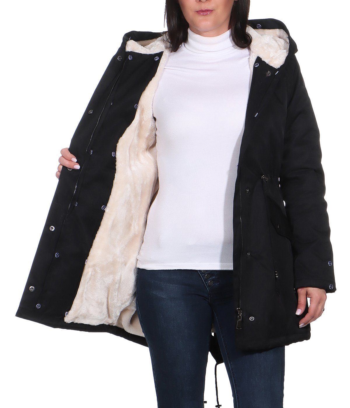 JIAALU Damen Winterparka Doppelseitig - Mit Fellkapuze Und Fleecefutter