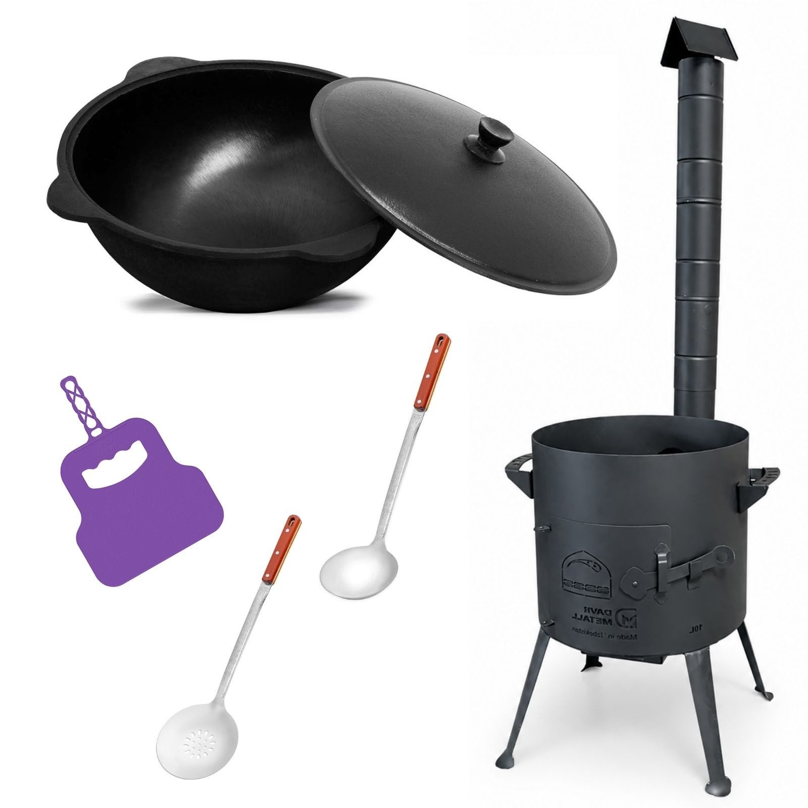 4BIG.fun Feuerstelle Ø36 Uchag Utschak mit Abzugsrohr 10L Kazan Kasan, (2mm stahl Utschag Uchak Kasan Учаг Казан Außenküche Eintopfofen), Grillfächer Schaumkelle Suppenkelle