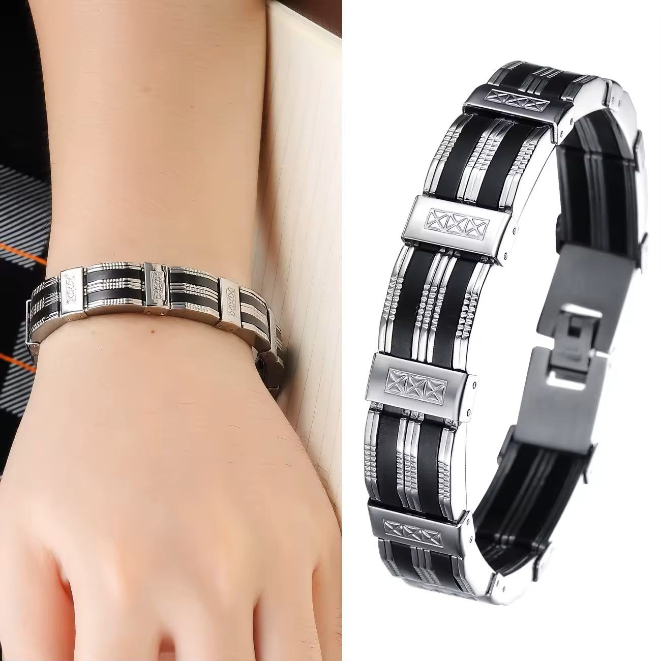 KARMA Armband Herren Edelstahl Silikon Silber Schwarz 21 cm (Geschenk für I günstig online kaufen