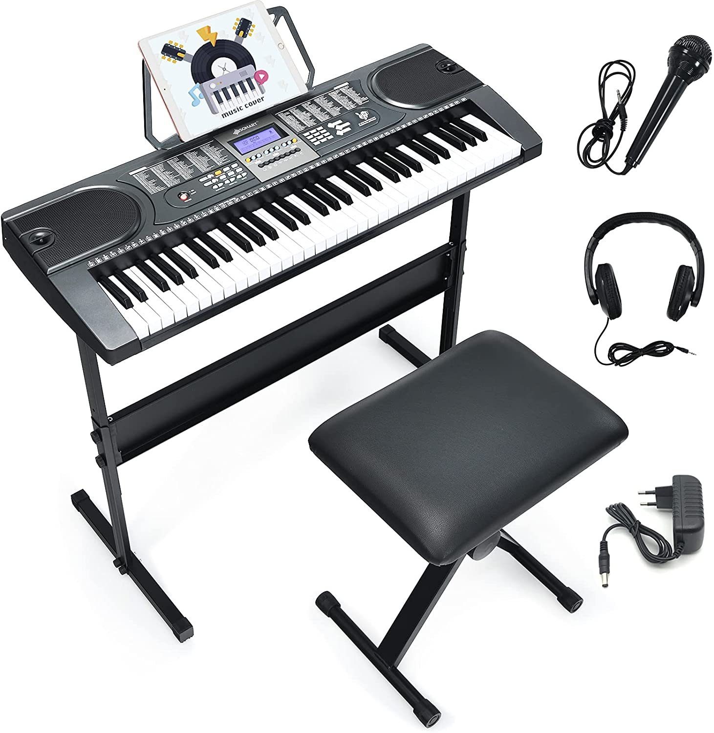 COSTWAY Keyboard »61 tasten Digitalpiano, elektrisch«, (inkl.  Keyboardständer), mit verstellbarem Ständer, Hocker, Mikrofon & Kopfhörer,  für Kinder