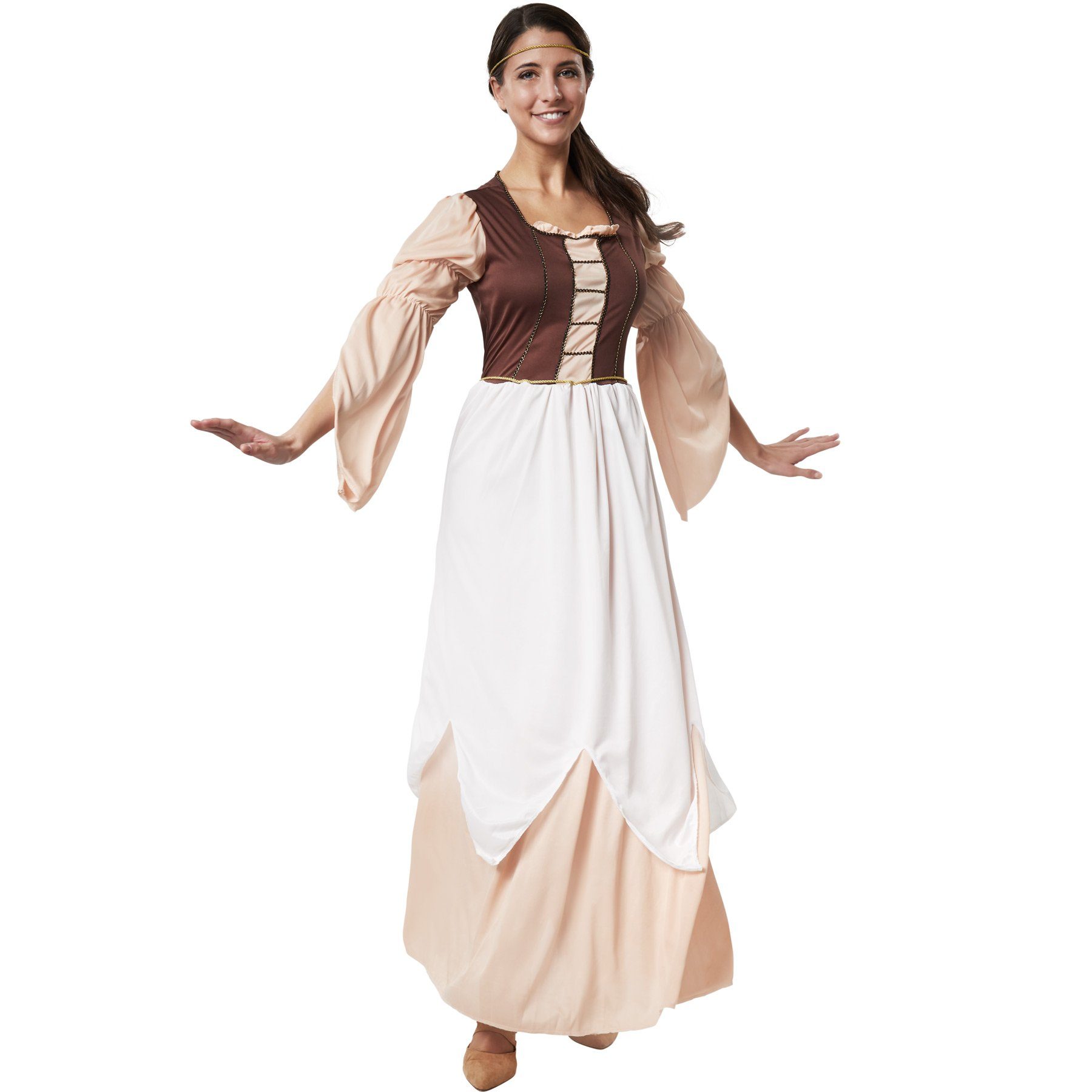 dressforfun Kostüm Arbeitertochter/Arbeitermädchen, in braun/weiß, Konfektionsgröße S, Oberteil mit angedeuteter Korsage, Zarte Zierborte in Schwarz und Gold