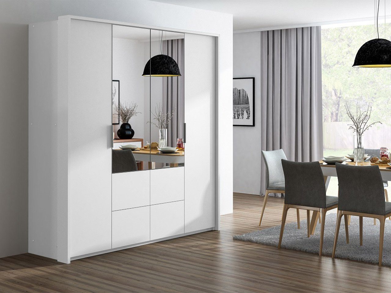 Mirjan24 Kleiderschrank Wieden 208 (mit 4 Schubladen und 2 Türen) Drehtüren, mit Spiegel und Kleiderstange Weiß