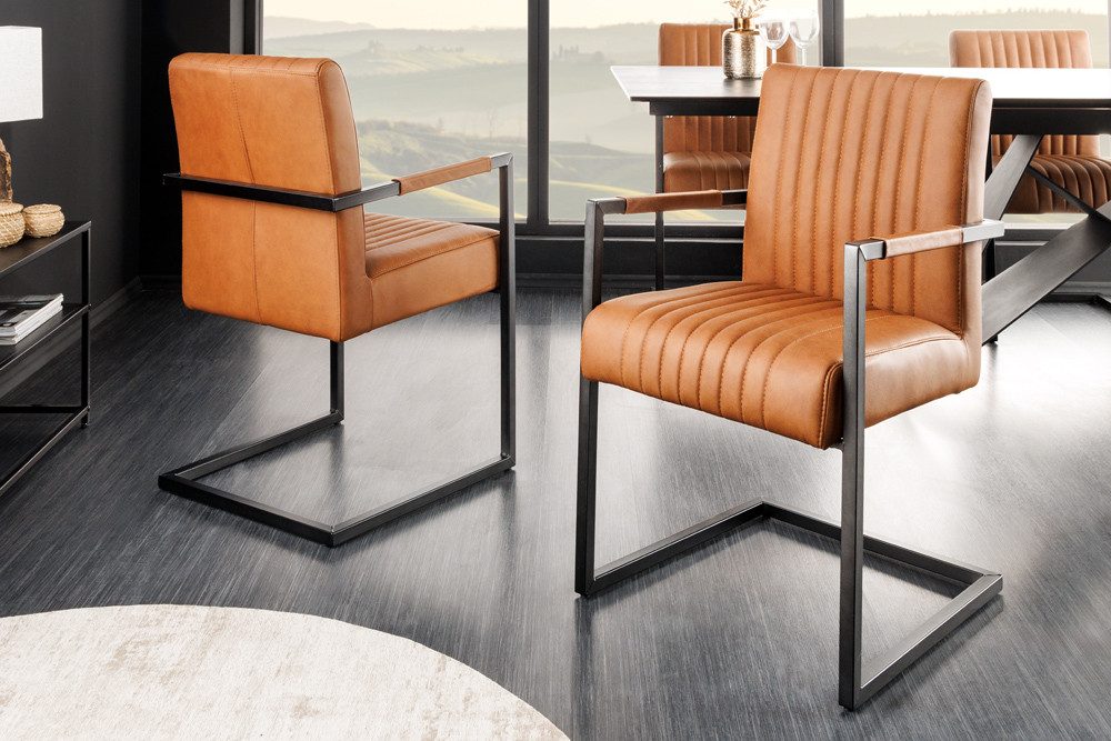 riess-ambiente Freischwinger BIG ASTON vintage cognac – Echtleder, Taschenfederkern, Metall (Einzelartikel, 1 St), inkl. Armlehne für hohen Sitzkomfort – ideal für Dein Loft-Esszimmer