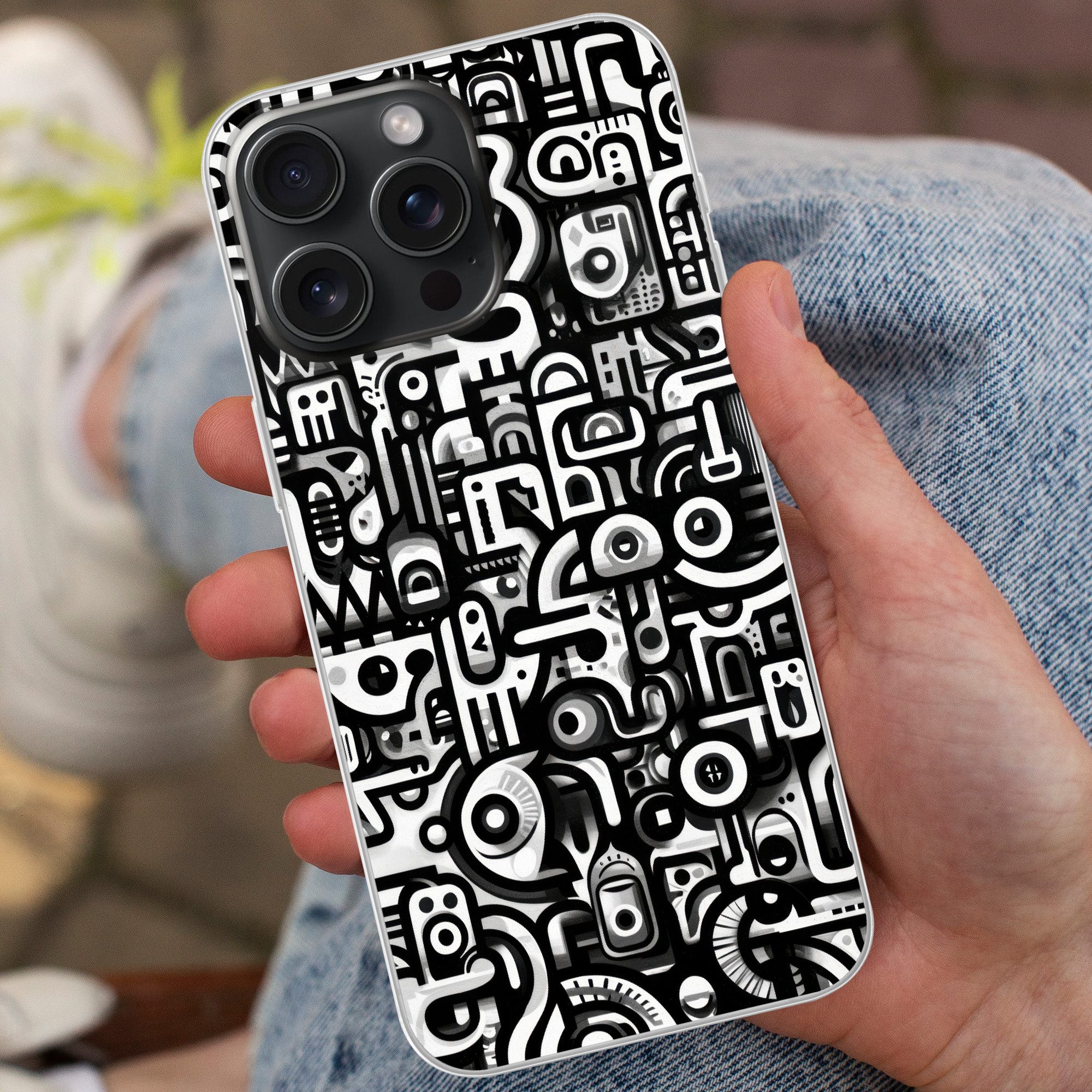MuchoWow Handyhülle für Apple iPhone 15 Pro Max Symbole - Abstrakt - Grafik - Schwarz, Smartphone-Bumper, Print, Handy Schutzhülle Dünn