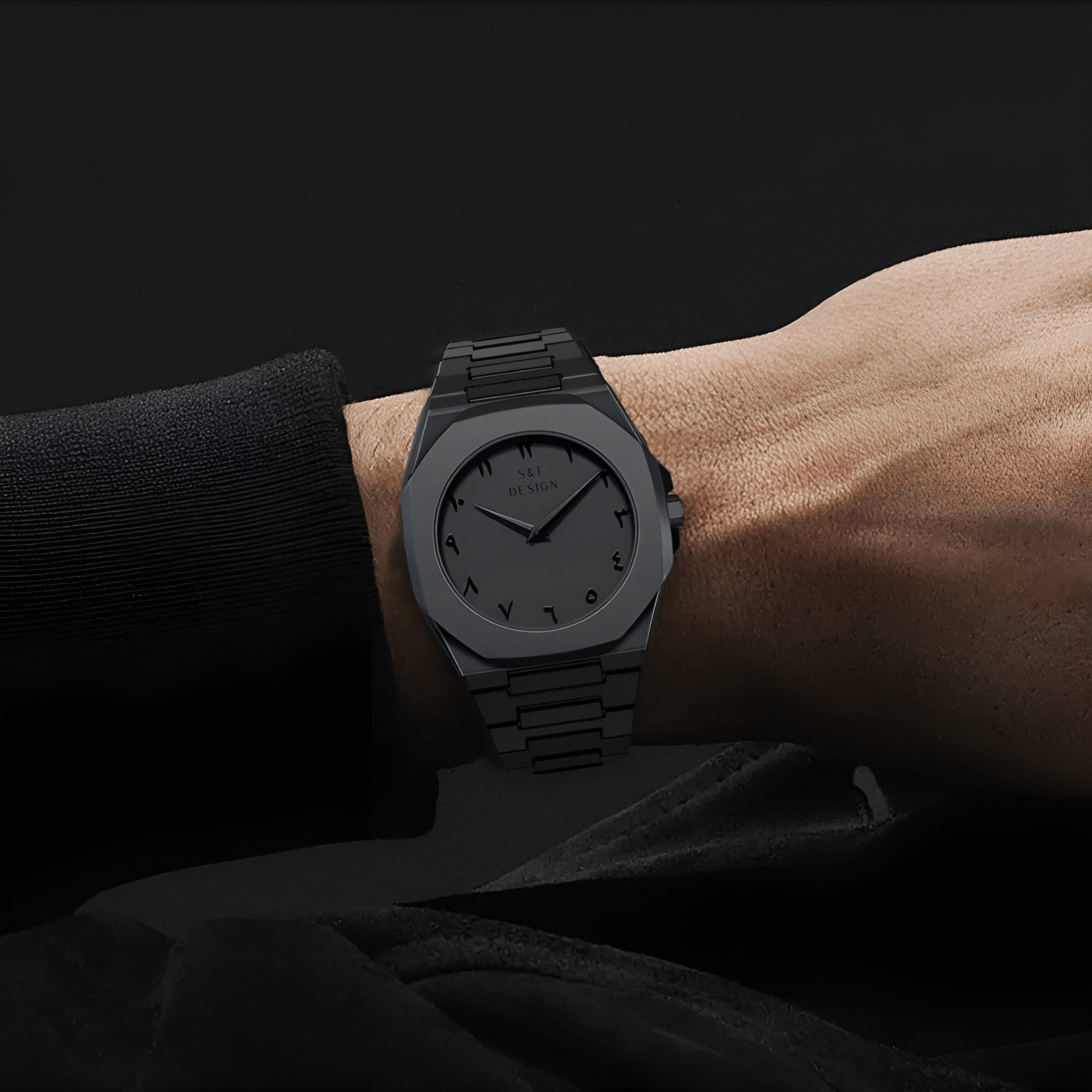 S&T Design Quarzuhr Herrenuhr Armbanduhr Schwarz Matte Männer Uhr Arabisch All Black, (Packung, 1-tlg., mit Armbandkürzer und Geschenkbox), Ultraleichte Herrenuhren 40g Matt Weich Elegant Minimalistisch Schwarz