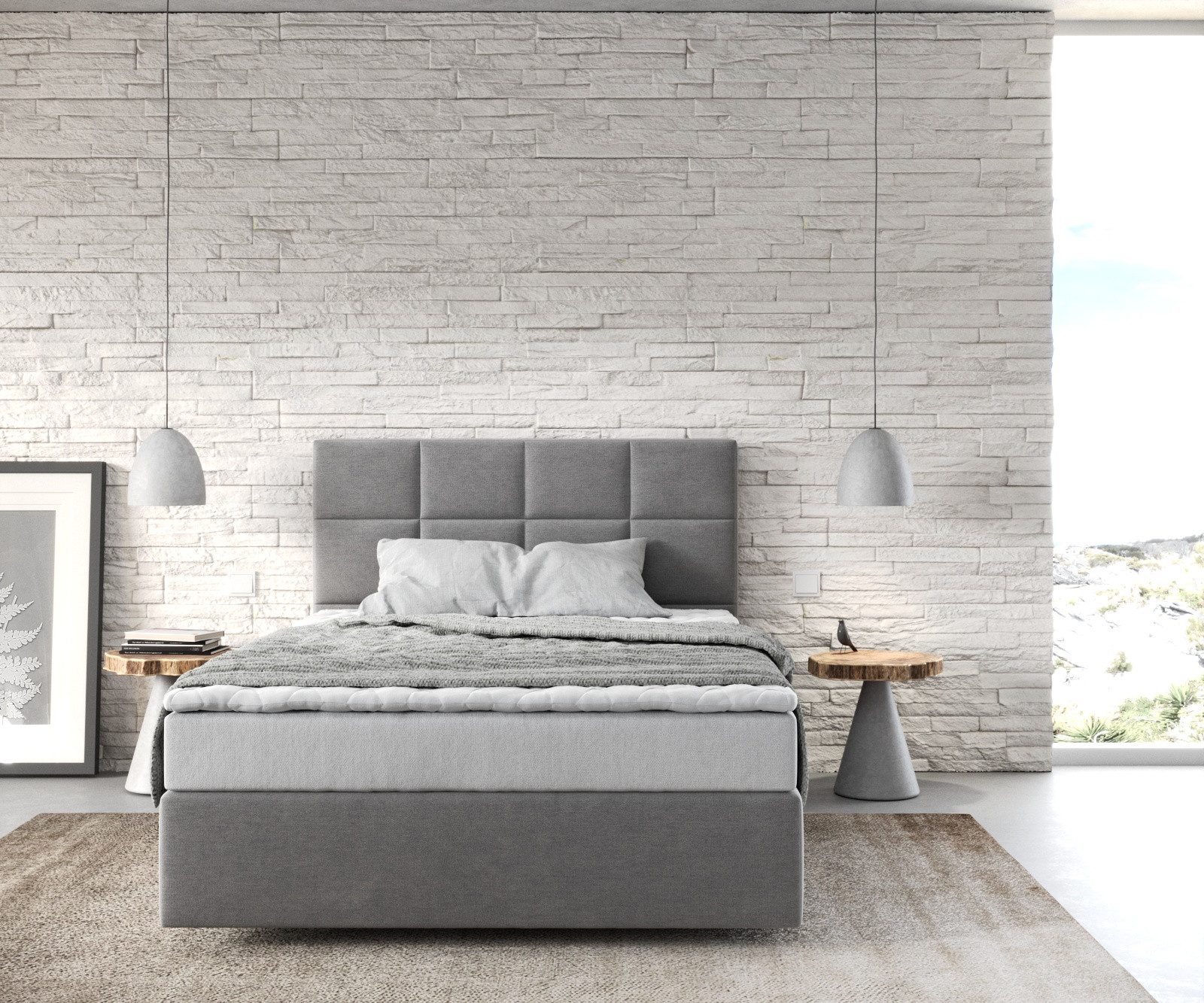 DELIFE Boxspringbett Dream-Fine, Mikrofaser Grau 120x200 cm mit Matratze und Topper
