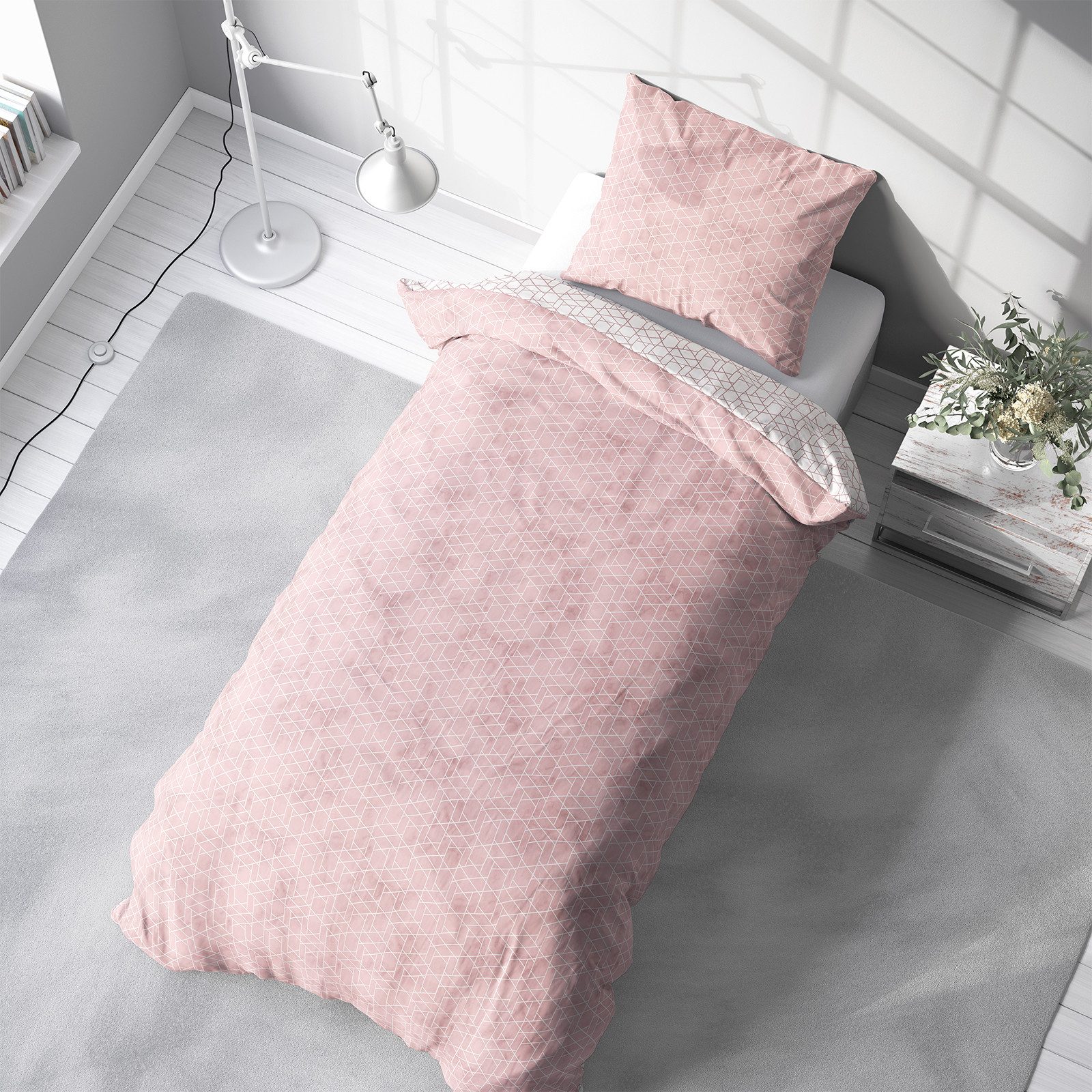 Visaggio Bettwäsche 100% Baumwolle Bettbezug Set in 6 Größen fein gewebt, Renforcé, 4 teilig, modernes Rauten Design in Rosa Weiß