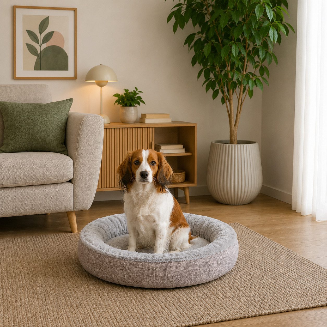 belviona Hundebett rund, Hundekorb in Doughnut-Form, 65 cm Durchmesser, grau, Plüsch, Oxford-Leinen, Hundekissen mit abnehmbarem Bezug, waschbar & rutschfest