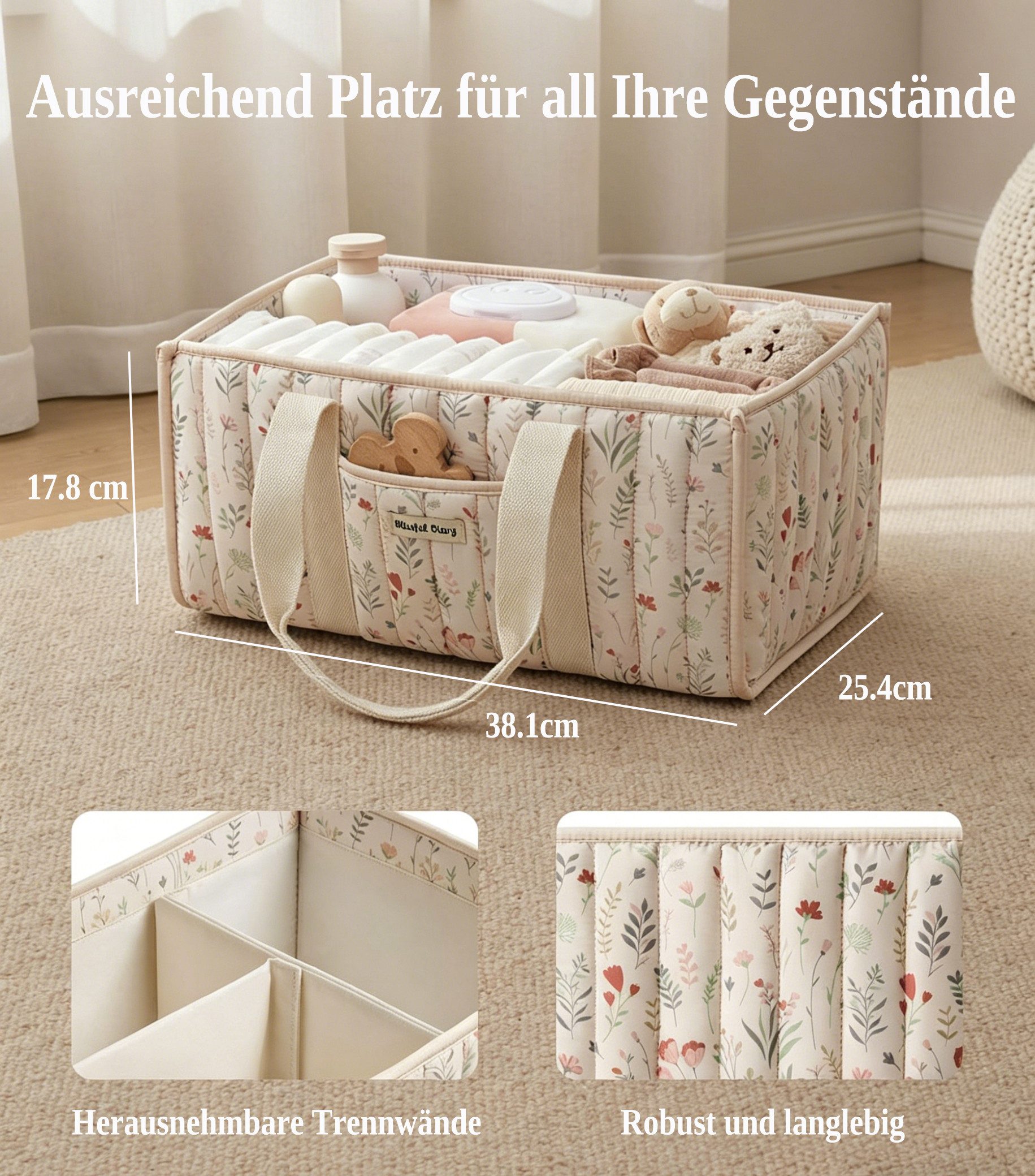 nsihing Aufbewahrungskorb Windel-Aufbewahrungskorb, Modische Wickeltasche, Windeltasche mit Blumenmuster, multifunktionaler Aufbewahrungskorb – Bild 3 von 5