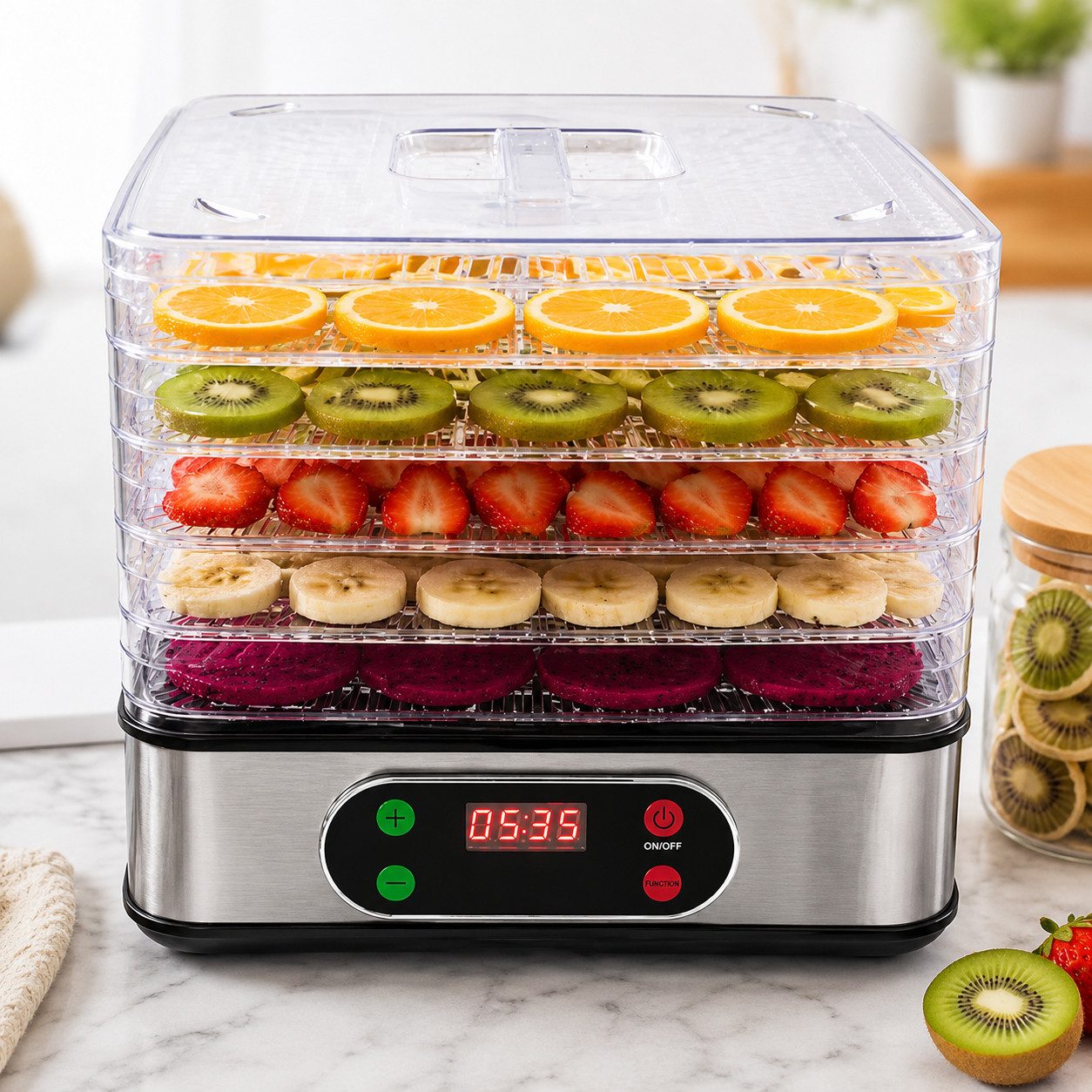 wohnTRAUM24 Dörrautomat Dörrgerät mit Temperaturregler, 72h-Timer, 5 Einlegefächer, 35-70°C 350 W, 5 Etagen, BPA-frei, Spülmaschinengeeignete Teile, für Obst, Gemüse, Fleisch