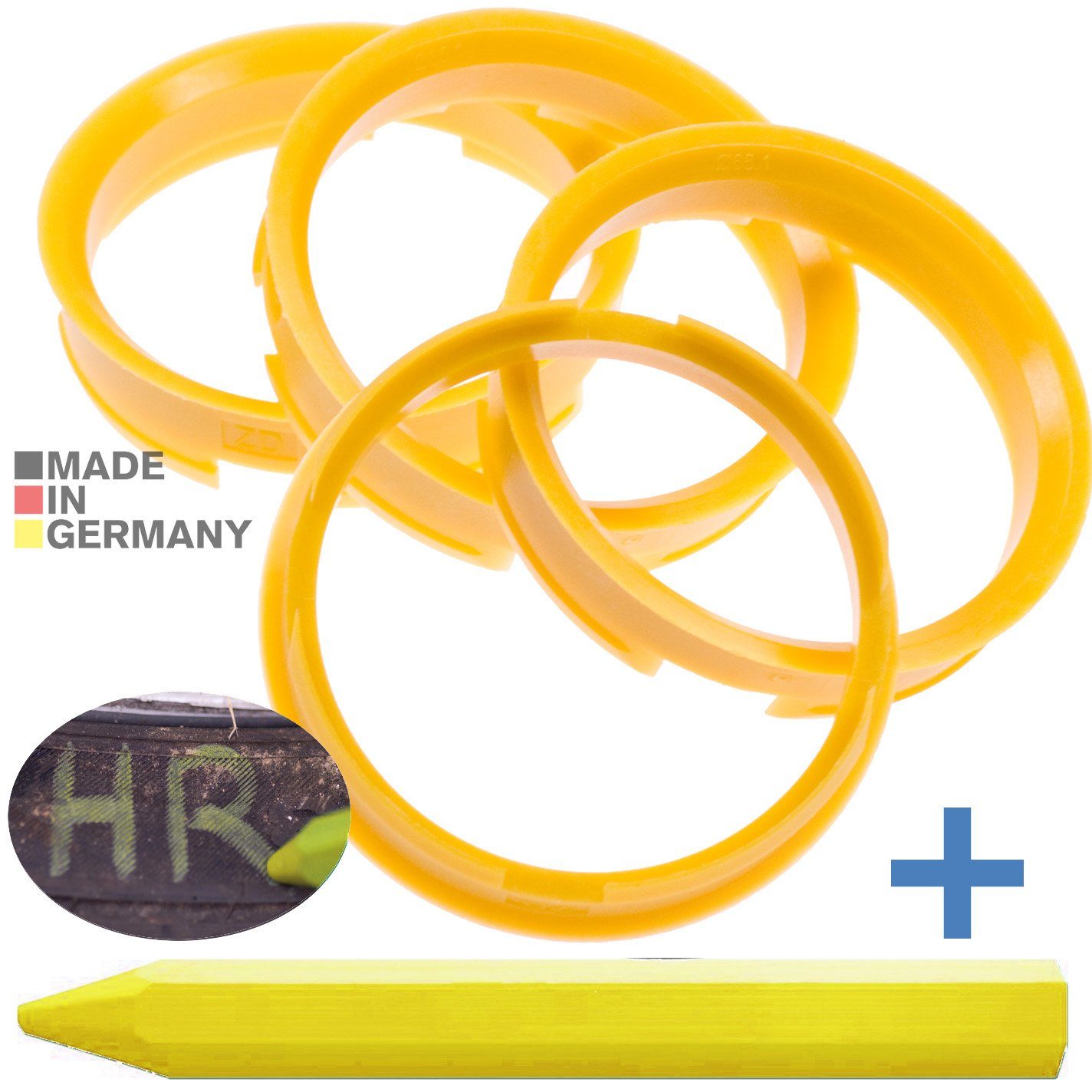 Ringe 4X Zentrierringe Gelb mm x Stift, Maße: 65,1 Reifenstift Felgen Kreide + 72,6 Reifen Fett 1x RKC