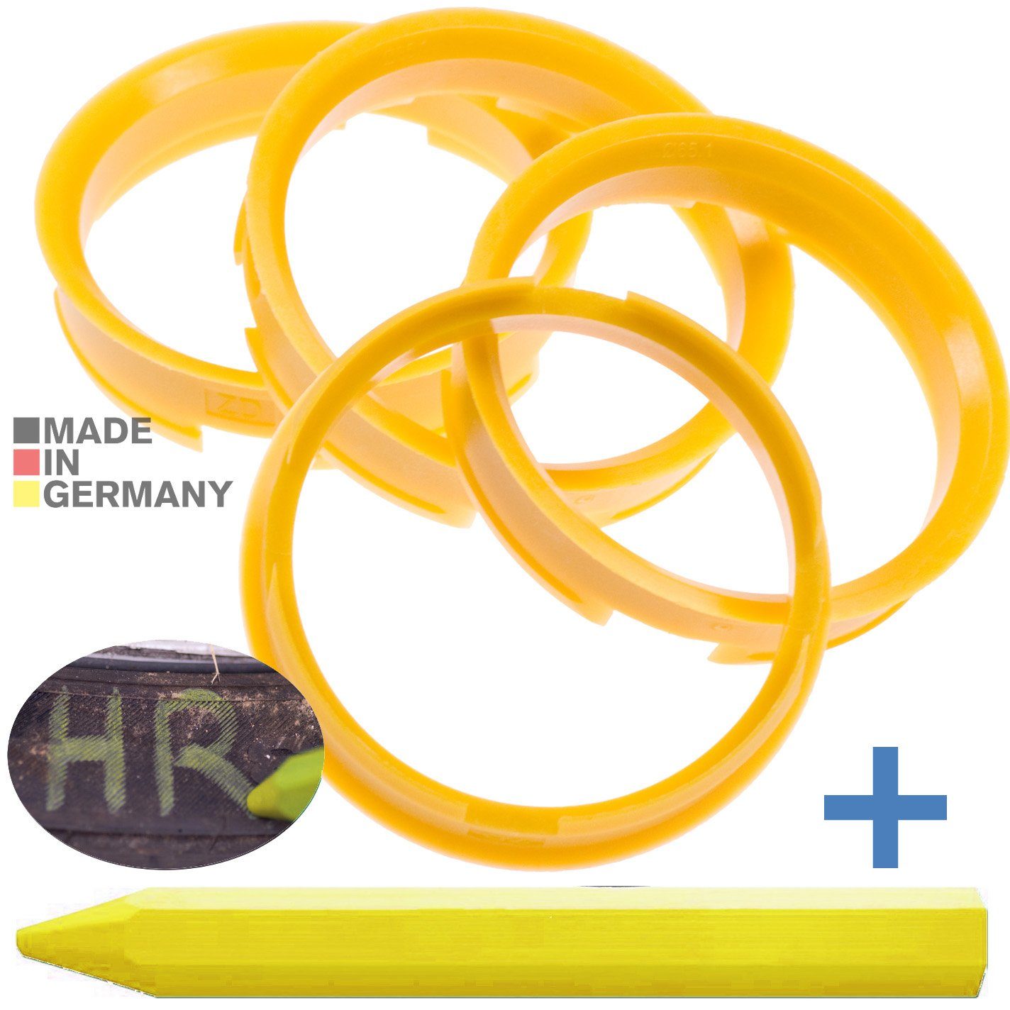 BRANDT AUTOMOTIVE Reifenstift 4X Zentrierringe Gelb Felgen Ringe + 1x Reifen Kreide Fett Stift, Maße: 72,6 x 65,1 mm