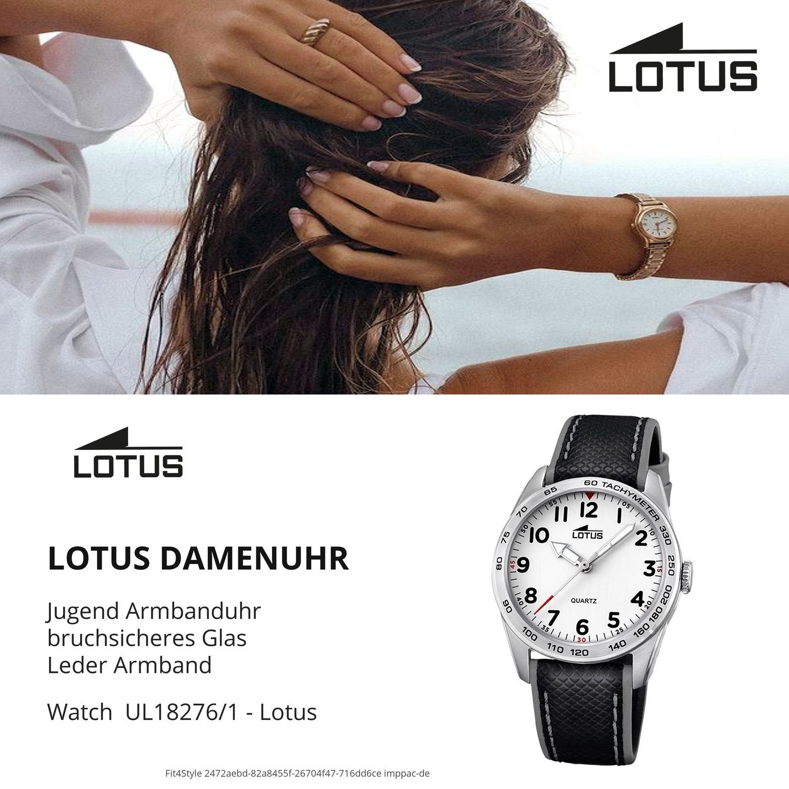 Lederarmband, Uhr Jugenduhr Quarzuhr mit L18276/1, Elegant Jugend (ca. Lotus rundes Gehäuse, Leder Lotus mittel 33mm),