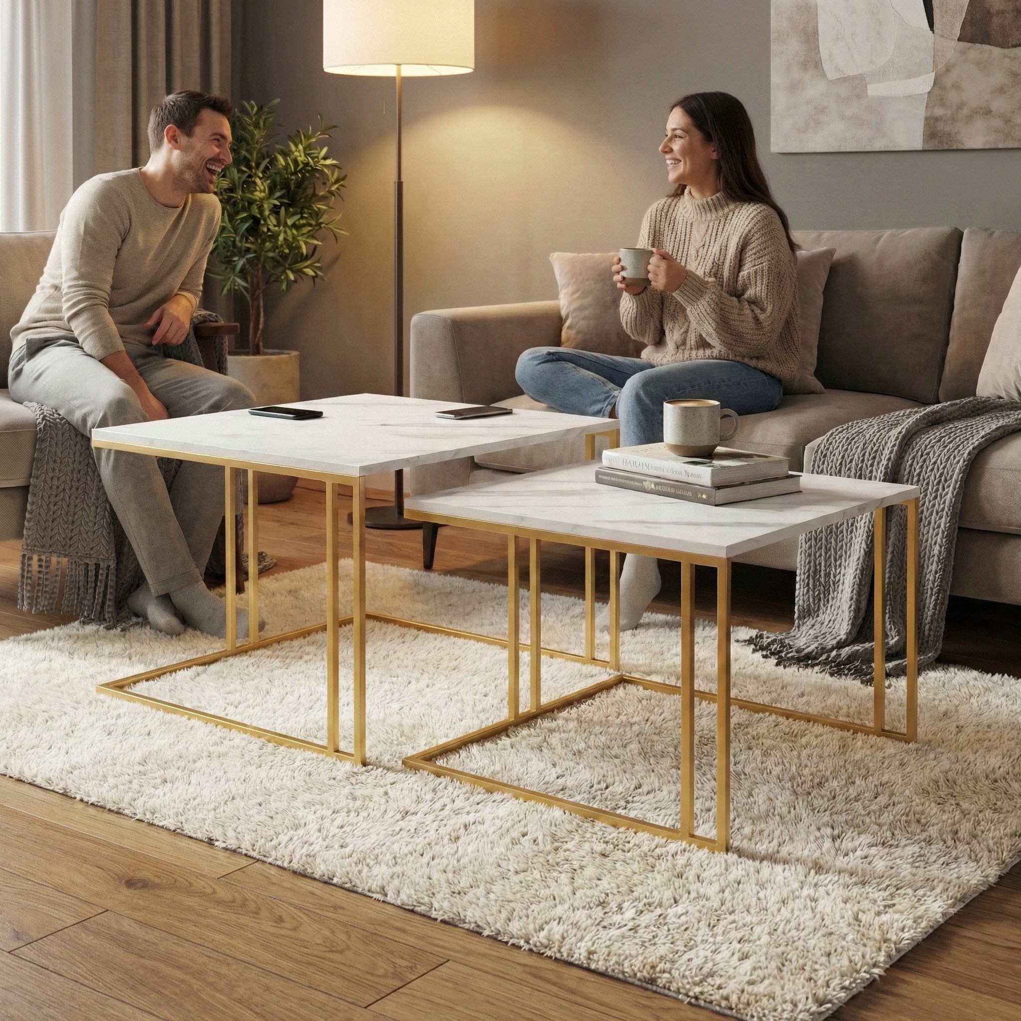 Beautysofa Couchtisch ASTRA im Loft-Stil, marmor tische für wohnzimmer (Wohnzimmertisch in Marmur-Bianco-Optik mit goldfarbenem Gestell, quadratisches Tisch Set), Doppel-Couchtisch, Stahlgestell, kratzfest, pflegeleicht