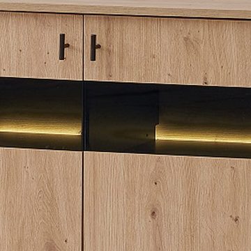 Merax Sideboard inkl. LED-Beleuchtung, B:140cm, mit 3 Türen und 6 Fächer, Anrichte, Buffet, Kommode Landhaus