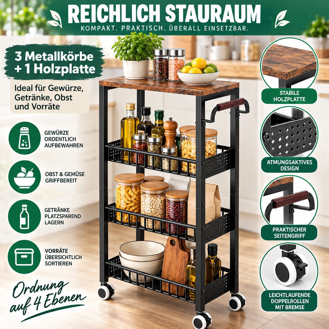 LEMLIT Rollwagen Küchenwagen 4 Etagen Schmal Mit Rollen Und Holzplatte, (1er Set, 1 St., Produktmaße: 40 x 20 x 86,5 cm), 3 Metallkörbe, 2 Bremsrollen, Für Küch – Bild 3 von 5