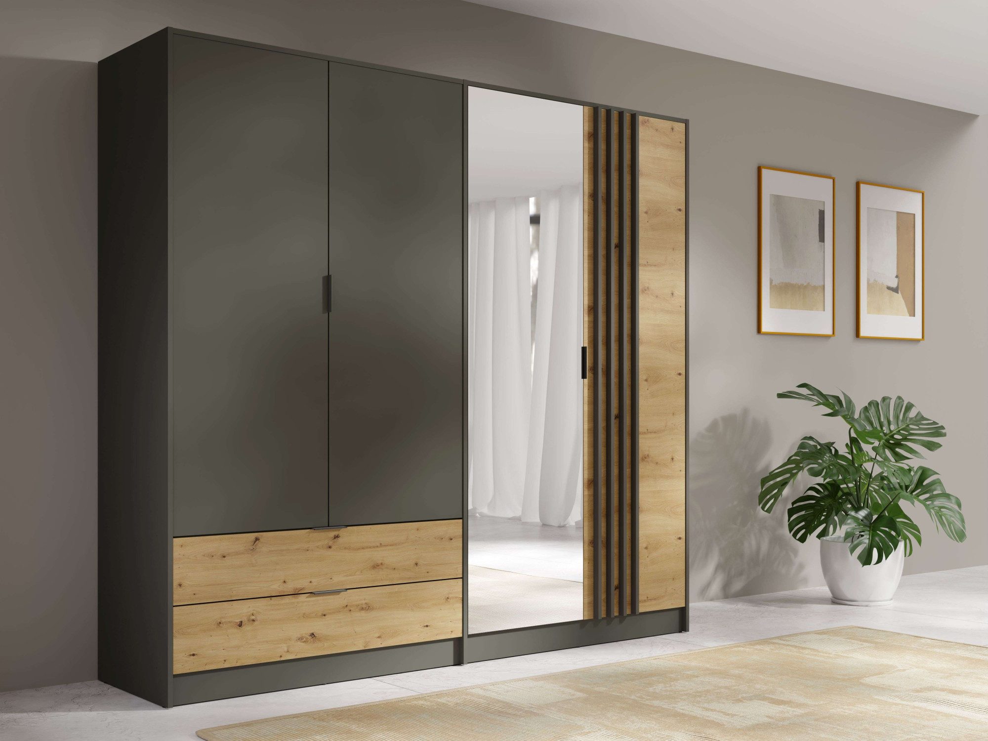 Kleiderschrank Kleiderschrank Loreto mit Schubkästen und Spiegel, B/T/H 220/54/202 cm