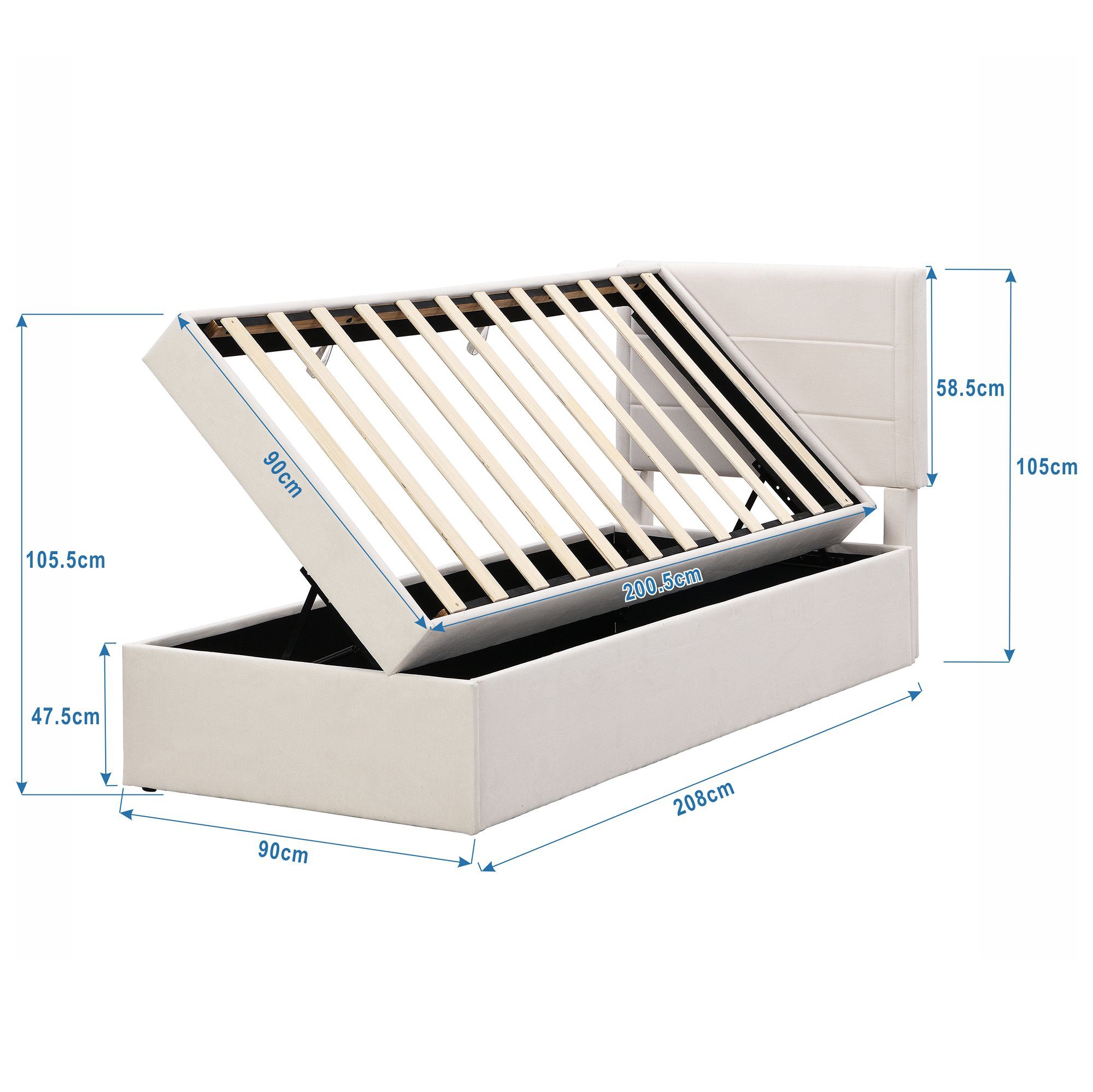 Flieks Polsterbett, Boxbett Einzelbett mit Stauraum Leinen 90x200cm