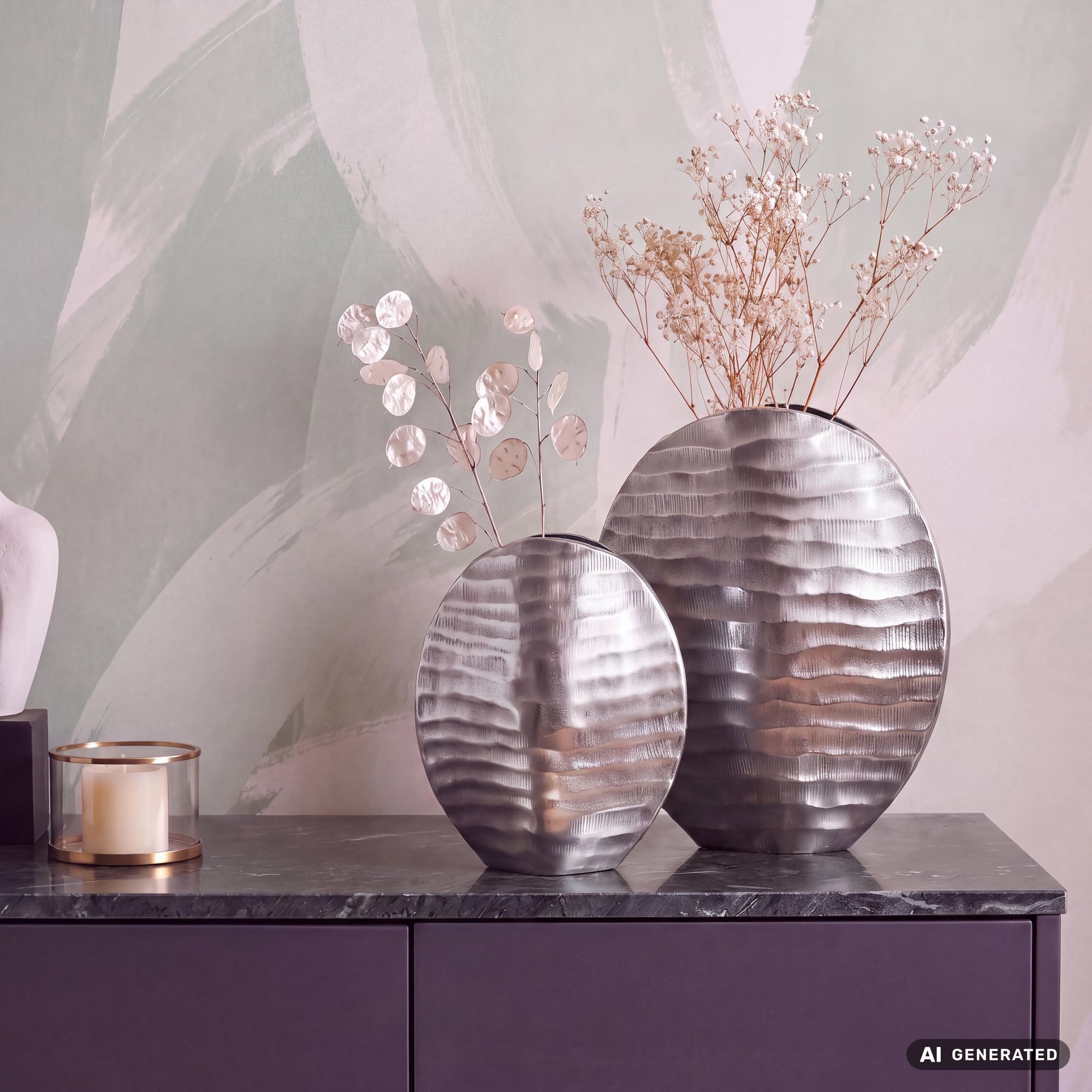 FINEBUY Tischvase FB65113 Vase 2er Set Blumenvase Aluminium Dekovase Rund Wellenmuster (Blumenvase 2-teilig, Dekovase Wohndeko Tischdeko), Vase 2er Set Aluminium Silber Modern Wellenmuster