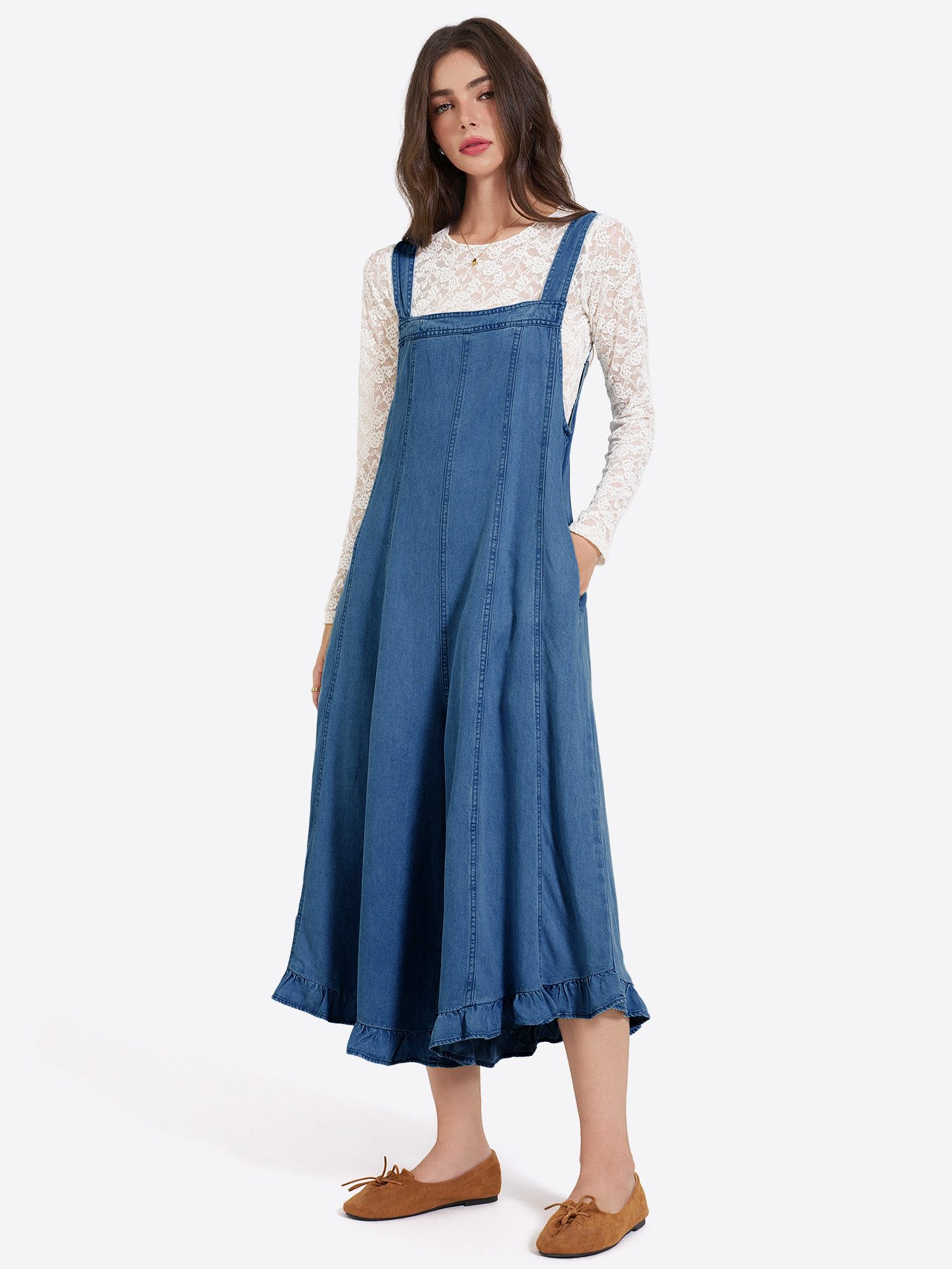 Imily Bela Jumpsuit Damen Ärmelloser Overall in Denim-Optik (Packung, 1-tlg., 1per-Pack) mit Rüschen