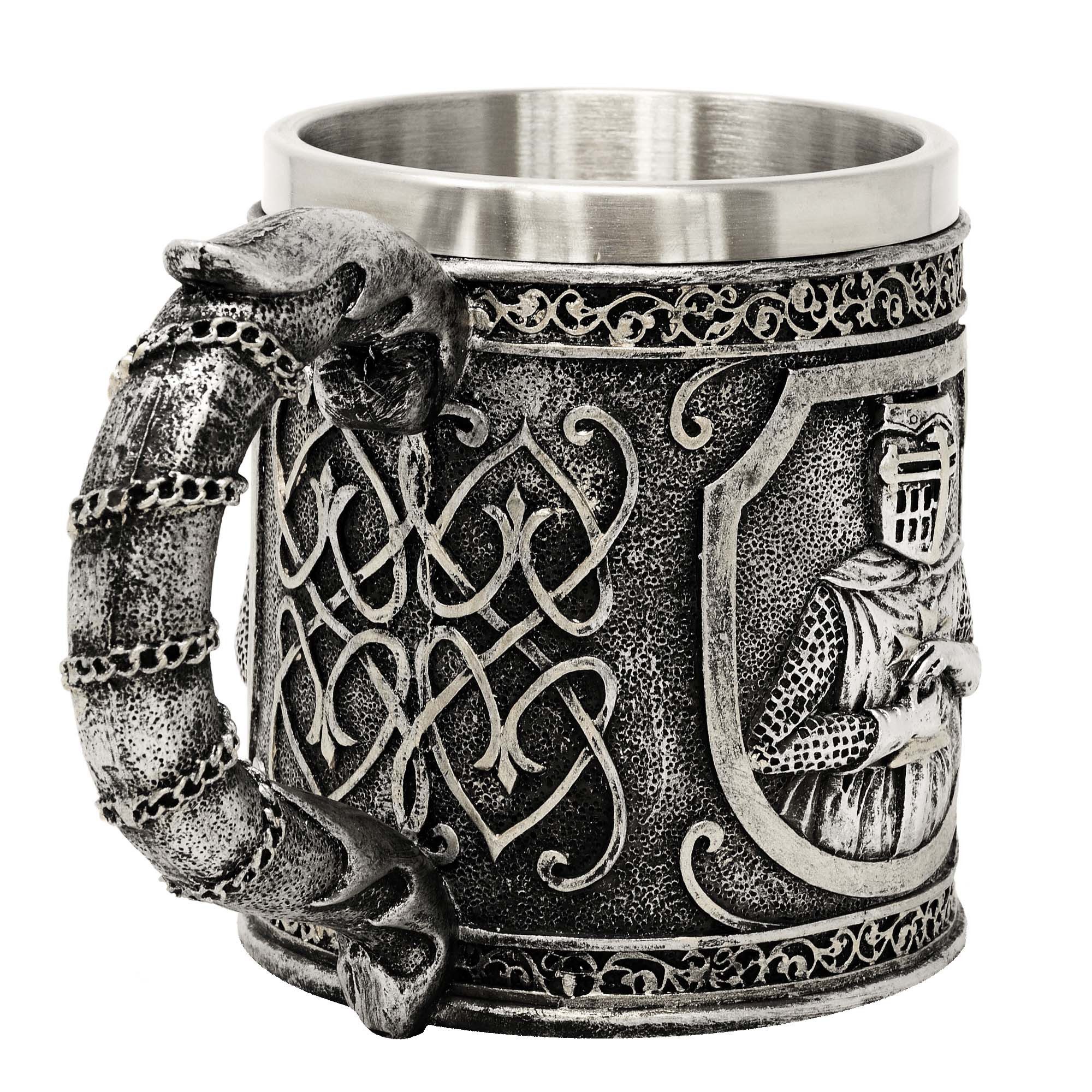 MystiCalls Bierkrug Ritterkrug Kreuzritter Silber - Bierkrug Krug Ritter Mittelalter, Polyresin mit Metalleinsatz, 400ml Fassungsvolumen