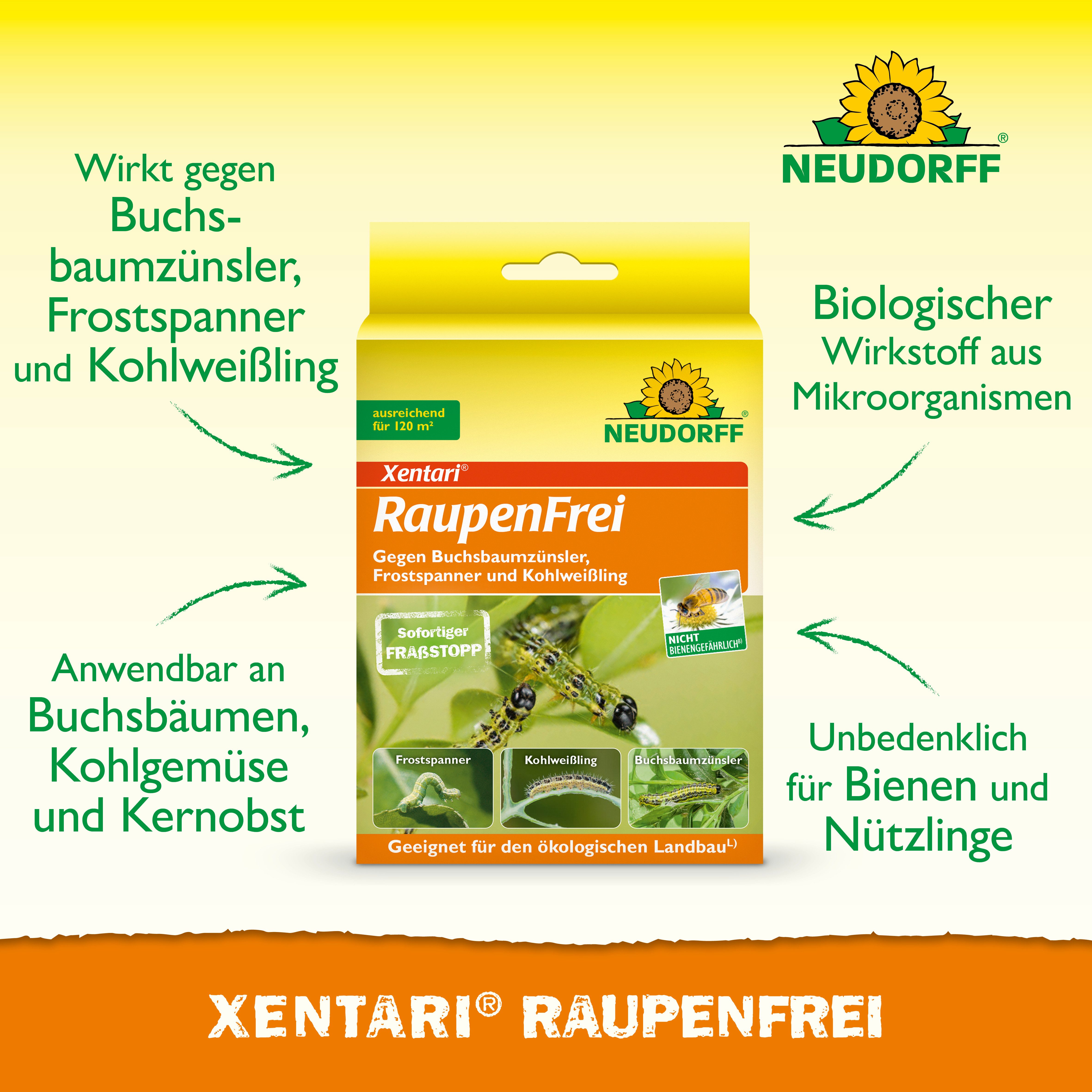 Neudorff Insektenspray Xentari Raupenfrei, 6 g, Wirksames Spritzmittel, biologisch Buchsbaumzünsler bekämpfen
