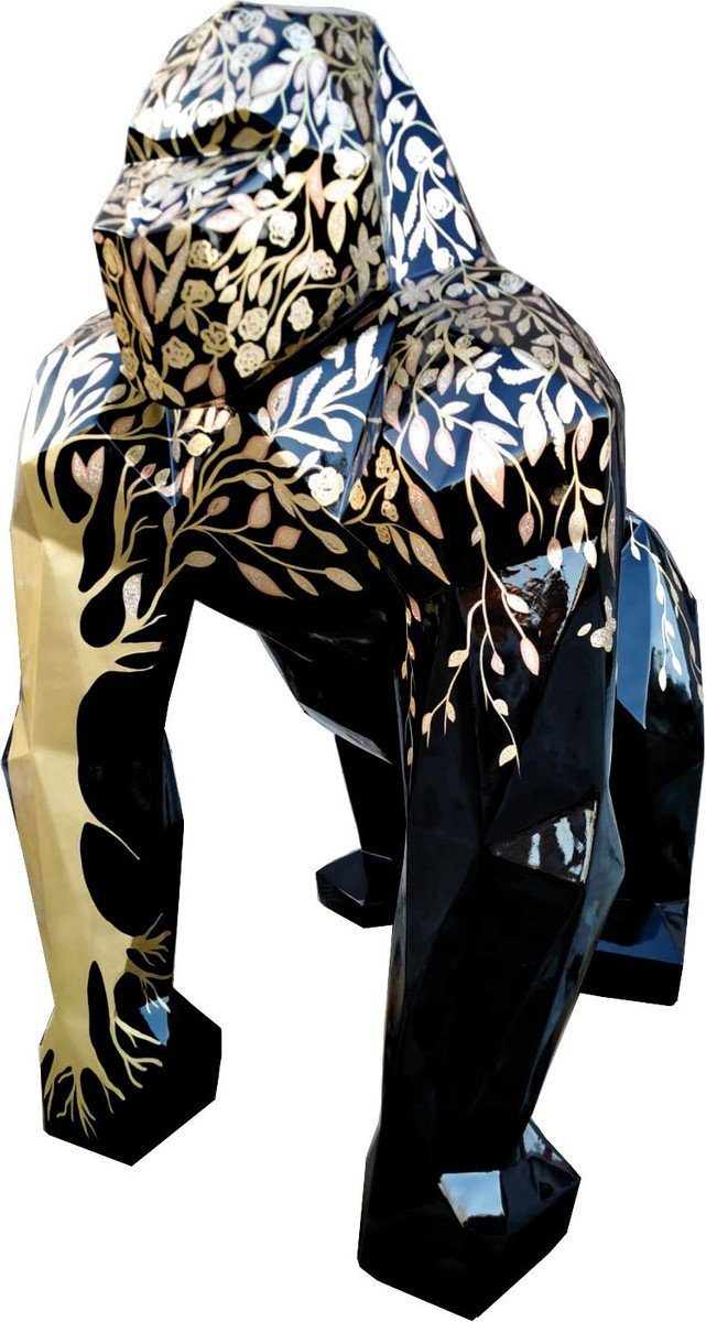 Casa Padrino Skulptur Designer Deko Skulptur Gorilla Affe mit Glitzer Look Schwarz / Gold 118 x 78 x H. 128 cm - Deko Tierfigur - Riesige Wetterbeständige Gartendekofigur