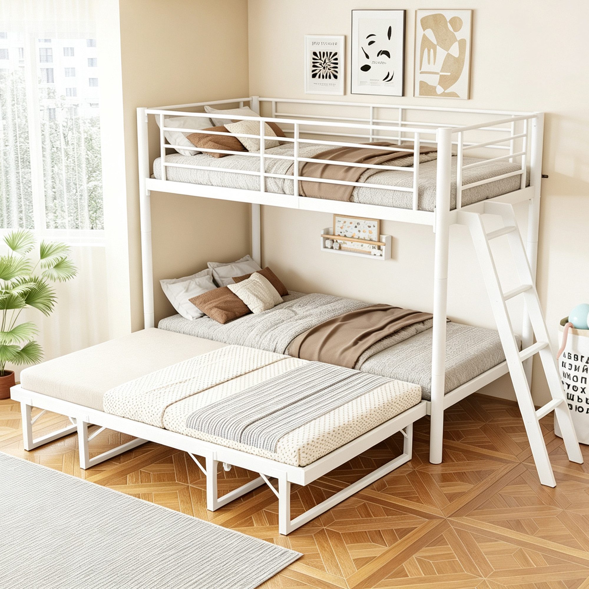 Flieks Etagenbett, Metallbett Kinderbett Dreierbett 90x200cm mit Ausziehbett und Leiter