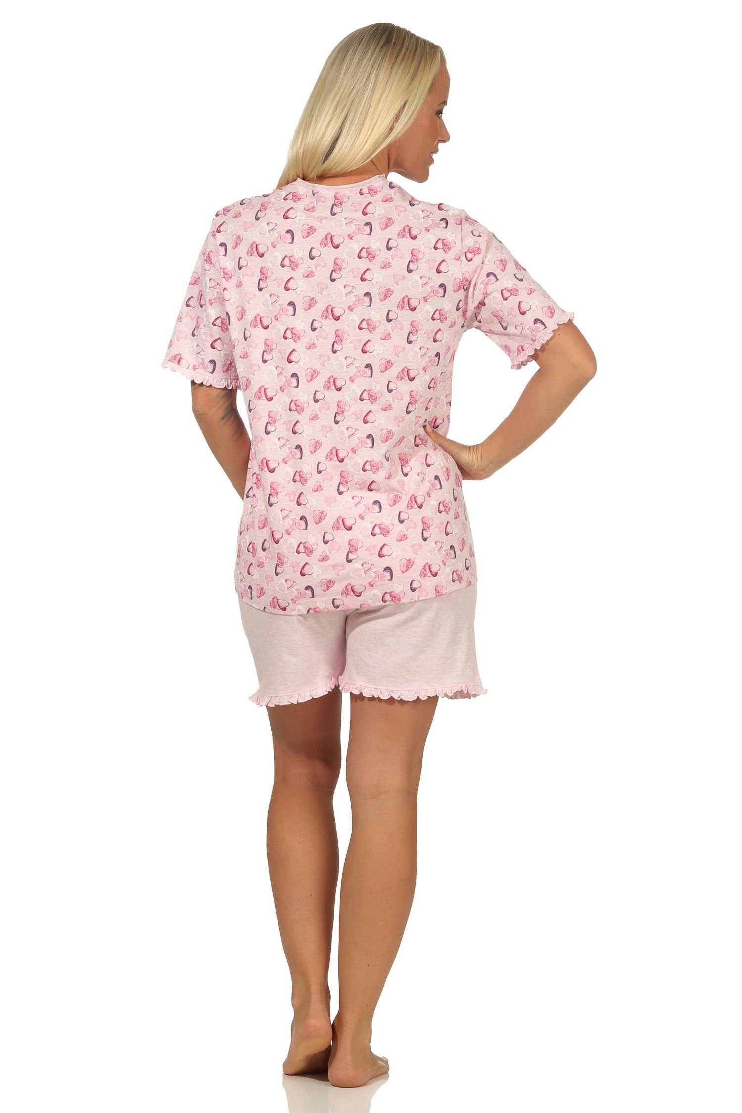 rosa Herzen kurzarm Melange-Optik Normann als mit Pyjama Motiv Pyjama Damen in Shorty