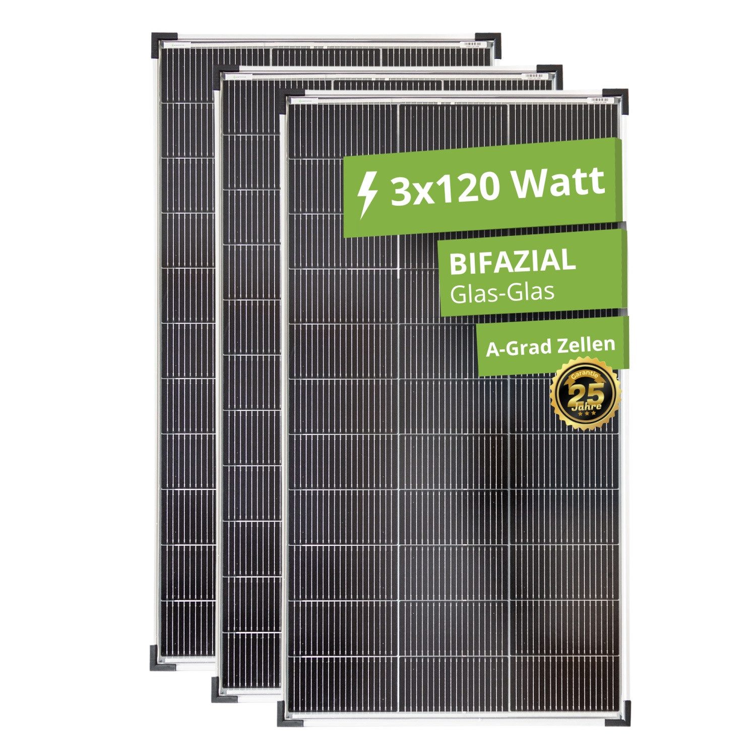 solartronics Solarmodul Monokristallines Solarpanel 3x 120W 18V Bifazial, Monokristallin