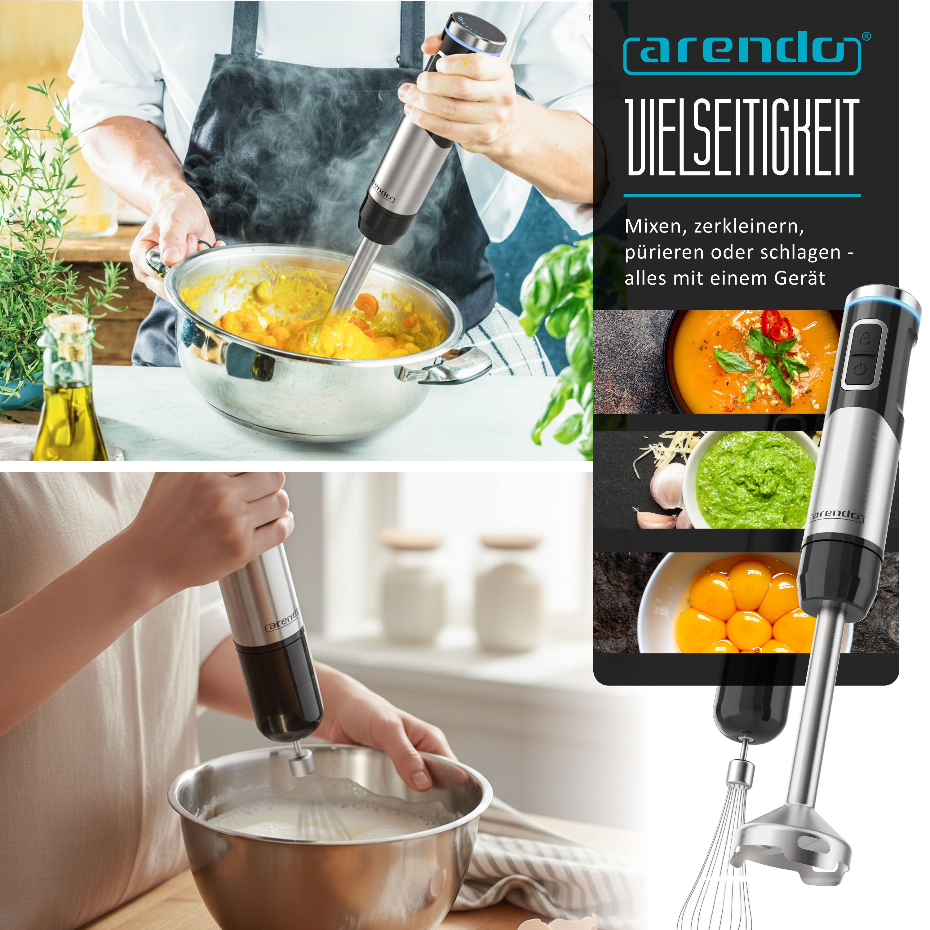 Arendo Akku-Stabmixer Edelstahl Pürierstab, Handmixer, stufenlose Regelung, Li-Ionen-Akku, 200 W, mit Schneebesen, Messbecher, 4-Klingen-Messer, Mixfuß, Tastens – Bild 5 von 5